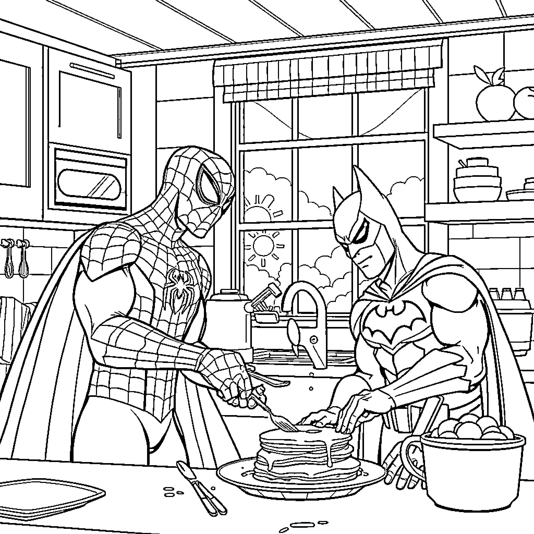 Spider-Man and Batman Cooking Together Coloring Page (free black-and-white line drawing printable PDF for all, from beginners to advanced learners, including children, teens, adults, and seniors)