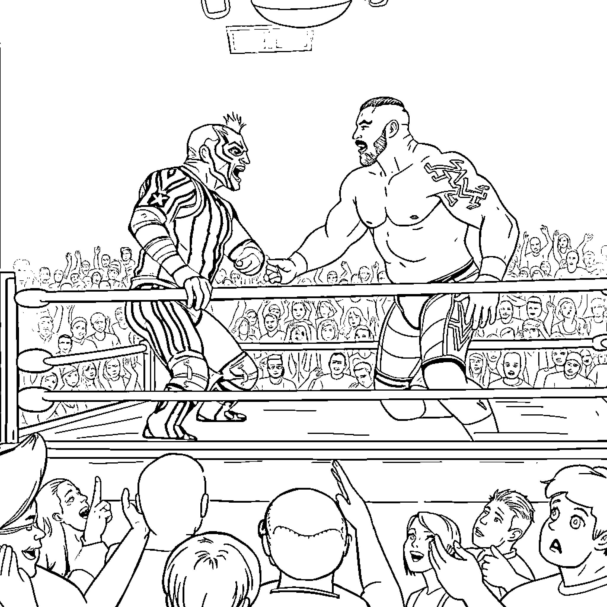 Wrestling match between muscular opponents in the ring Coloring Page (free black-and-white line drawing printable PDF for all, from beginners to advanced learners, including children, teens, adults, and seniors)