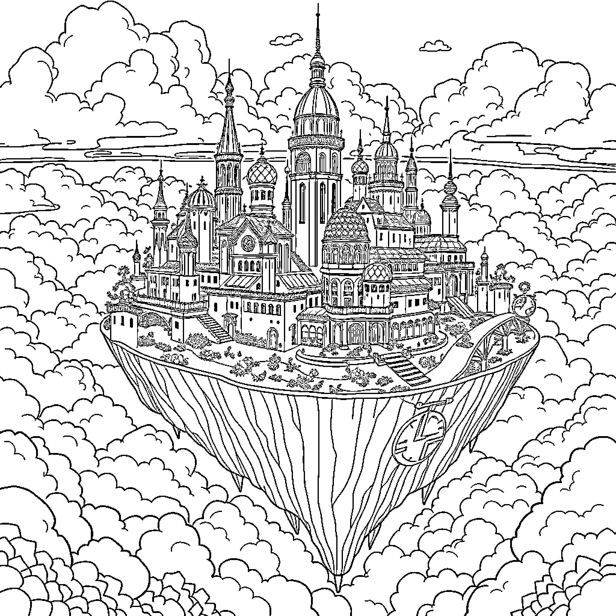City of architectural wonders in the clouds Coloring Page (free black-and-white line drawing printable PDF for all, from beginners to advanced learners, including children, teens, adults, and seniors)