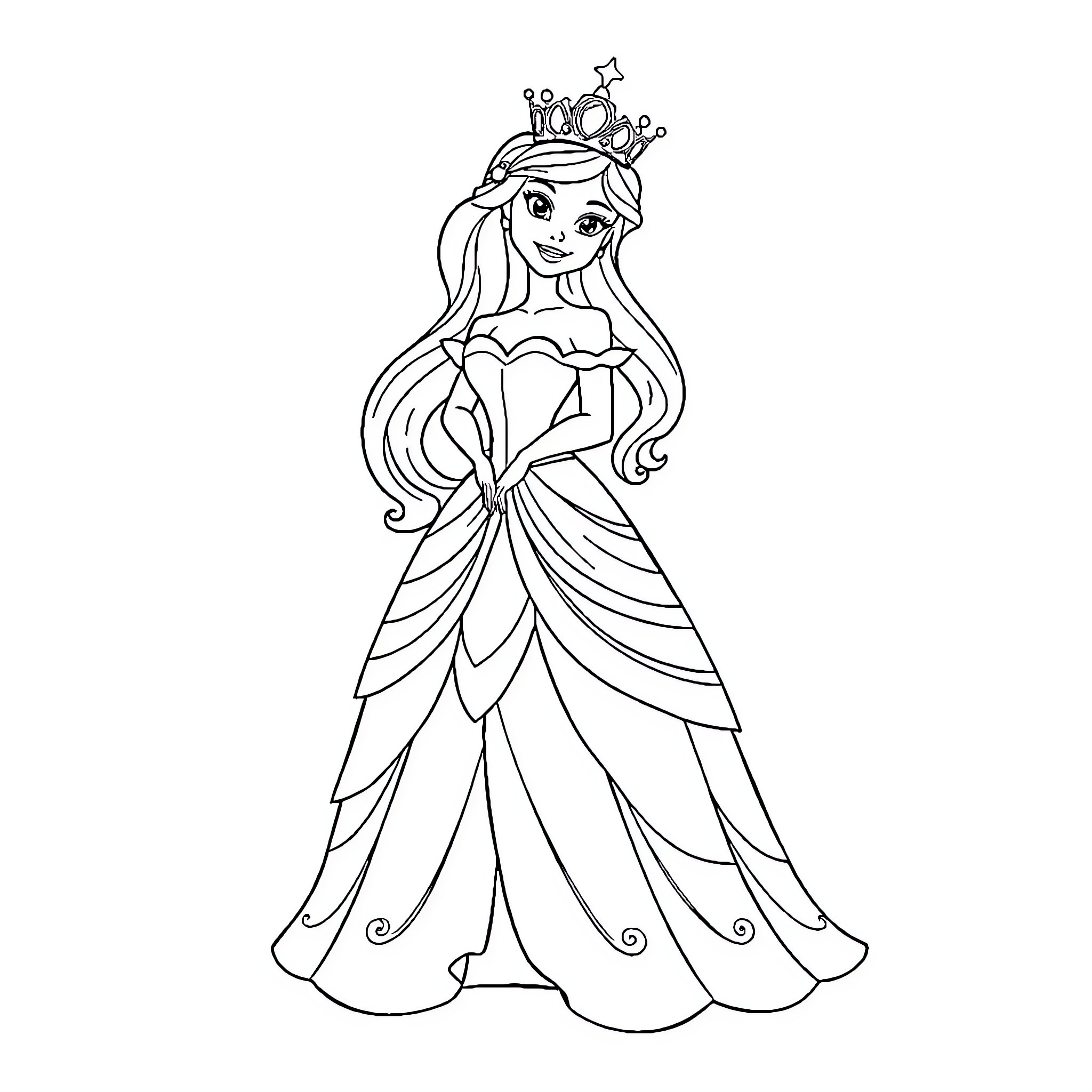 Princess in a Regal Gown and Crown Coloring Page (free black-and-white line drawing printable PDF for all, from beginners to advanced learners, including children, teens, adults, and seniors)