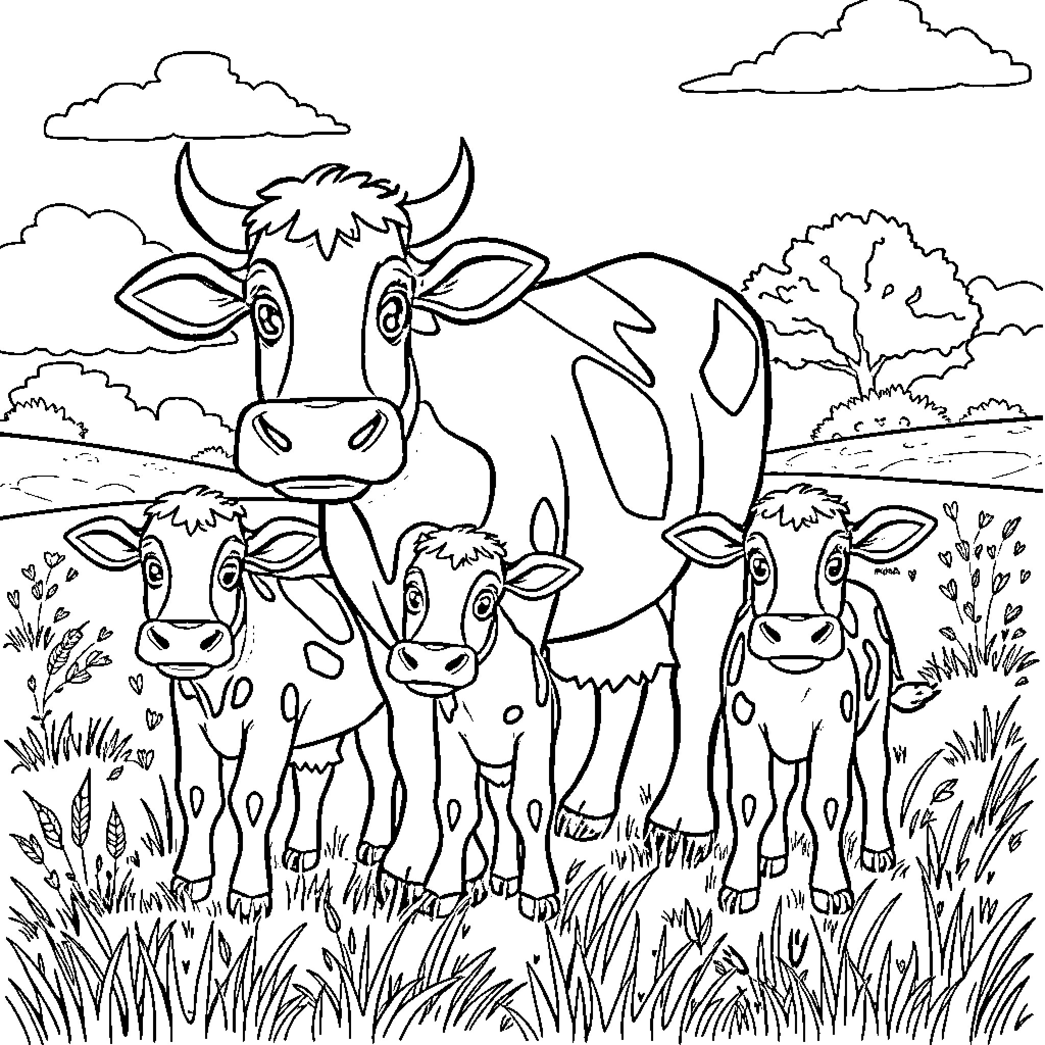 Cow family grazing peacefully in the meadow Coloring Page (free black-and-white line drawing printable PDF for all, from beginners to advanced learners, including children, teens, adults, and seniors)