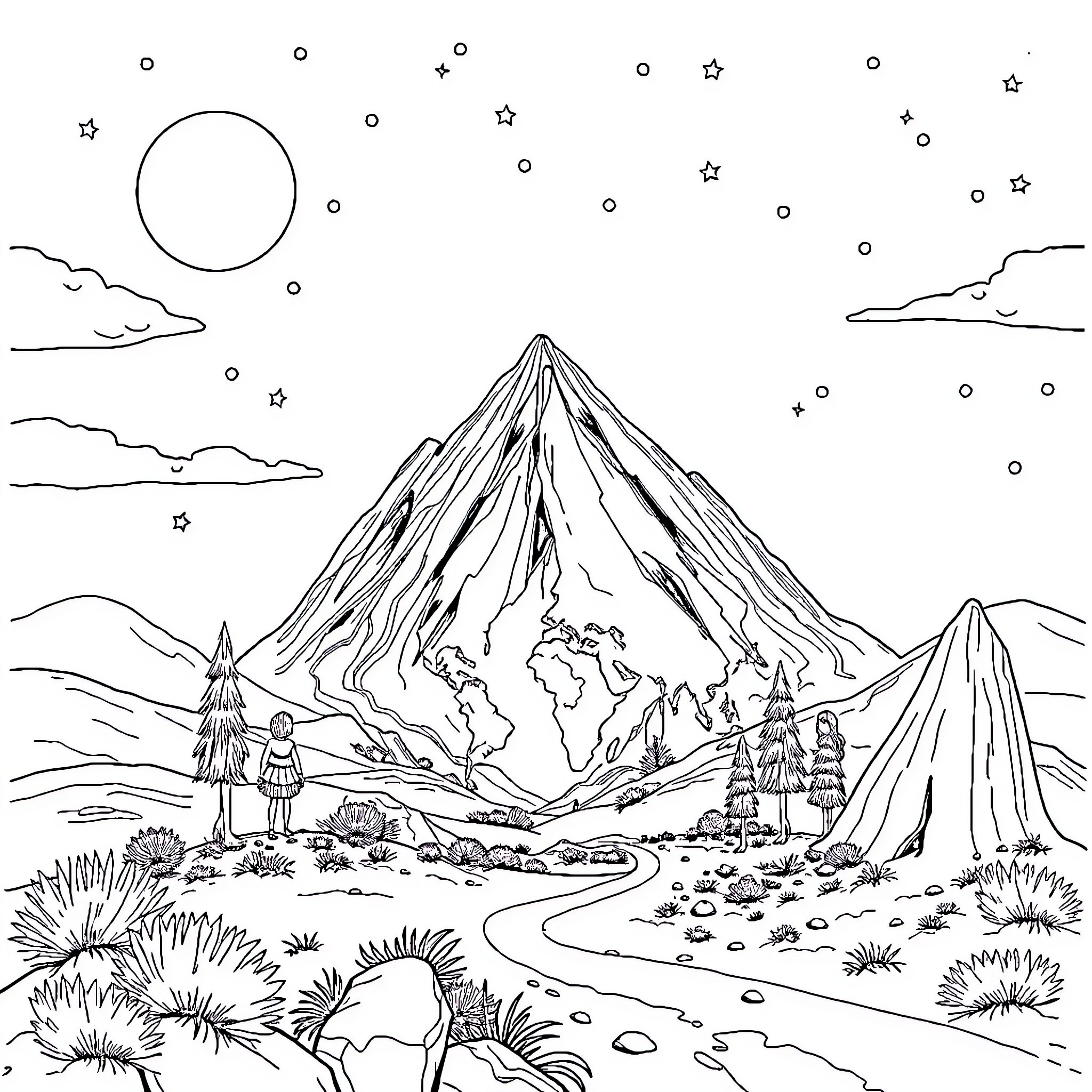 History of Adventurous Exploration in Mountainous Terrain Coloring Page (free black-and-white line drawing printable PDF for all, from beginners to advanced learners, including children, teens, adults, and seniors)