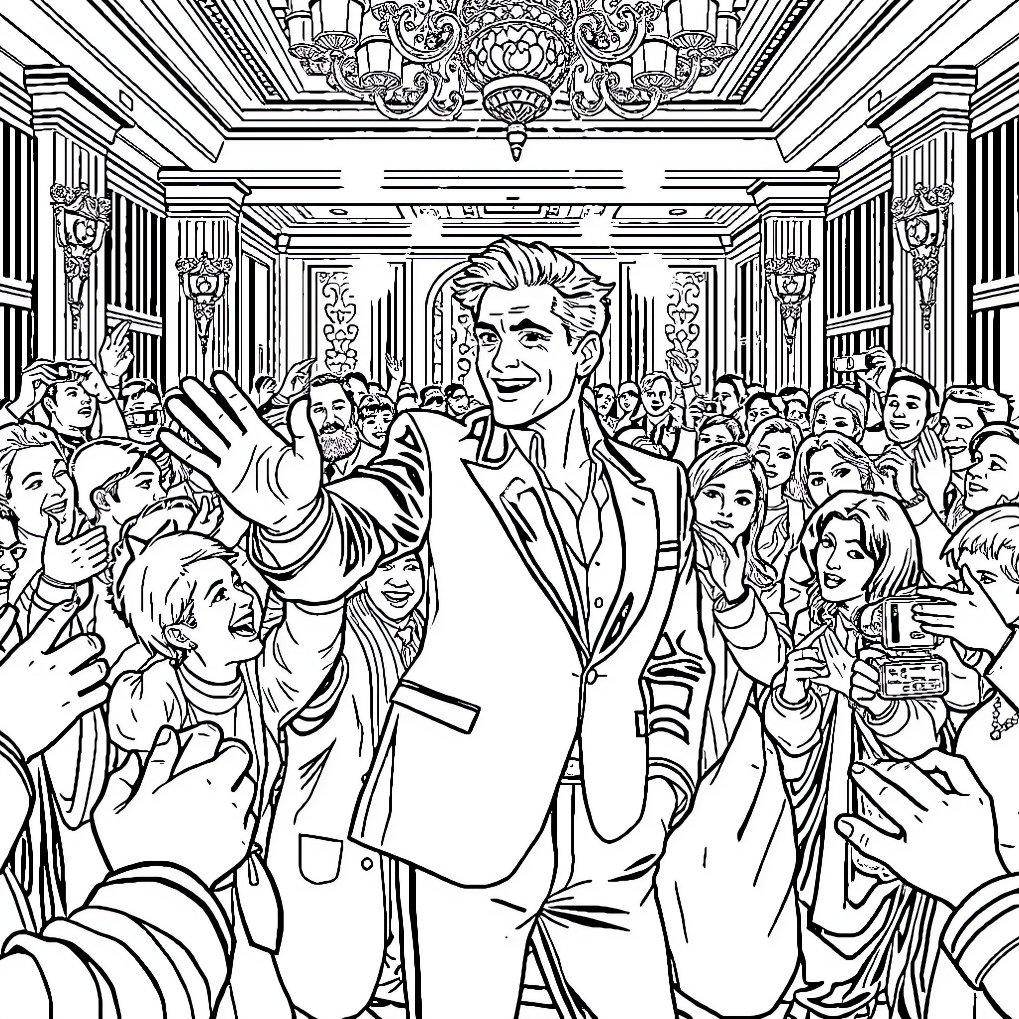 Celebrity Waving to Adoring Crowd in Opulent Setting Coloring Page (free black-and-white line drawing printable PDF for all, from beginners to advanced learners, including children, teens, adults, and seniors)