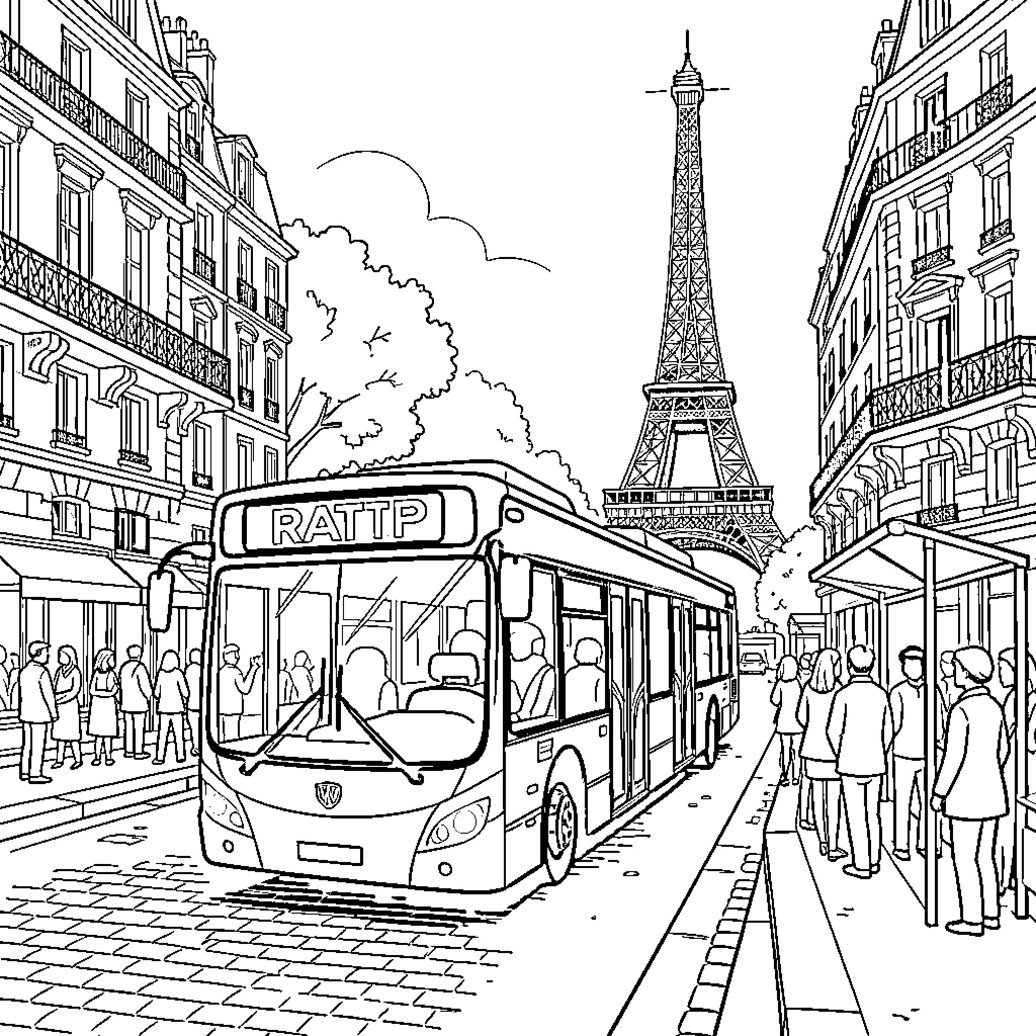 Bus driving through a busy city street near Eiffel Tower Coloring Page (free black-and-white line drawing printable PDF for all, from beginners to advanced learners, including children, teens, adults, and seniors)