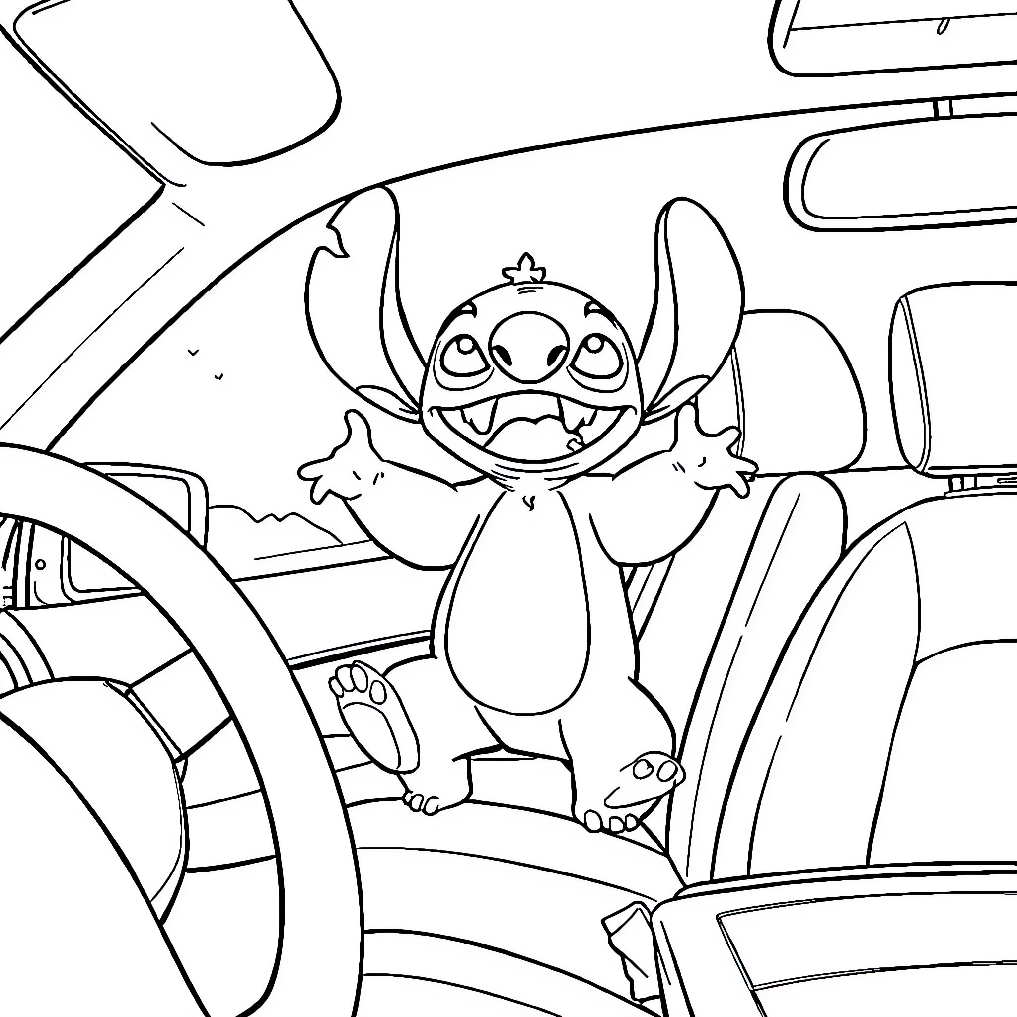 Stitch exploring a car interior happily Coloring Page (free black-and-white line drawing printable PDF for all, from beginners to advanced learners, including children, teens, adults, and seniors)