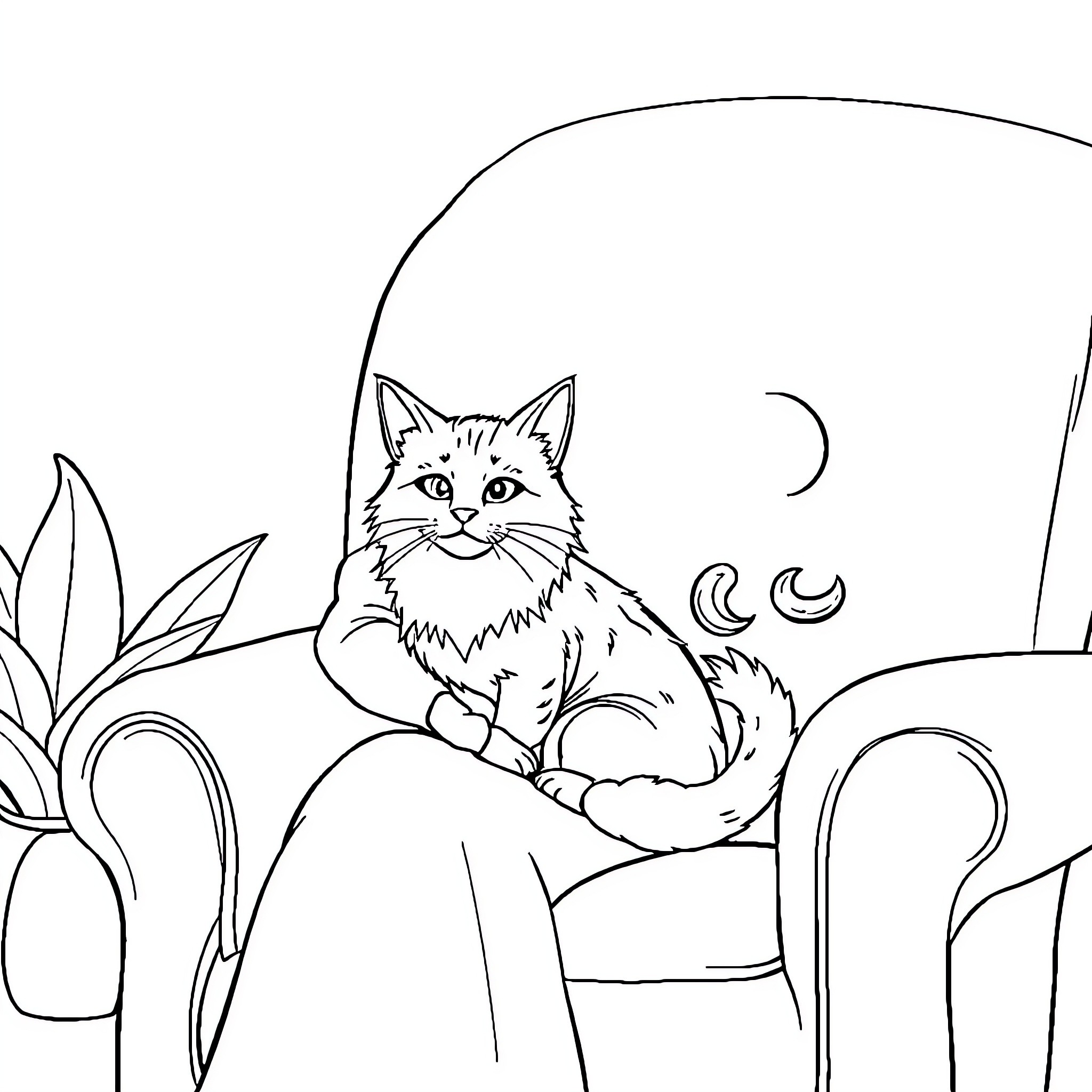 Cat sitting on chair at night Coloring Page (free black-and-white line drawing printable PDF for all, from beginners to advanced learners, including children, teens, adults, and seniors)