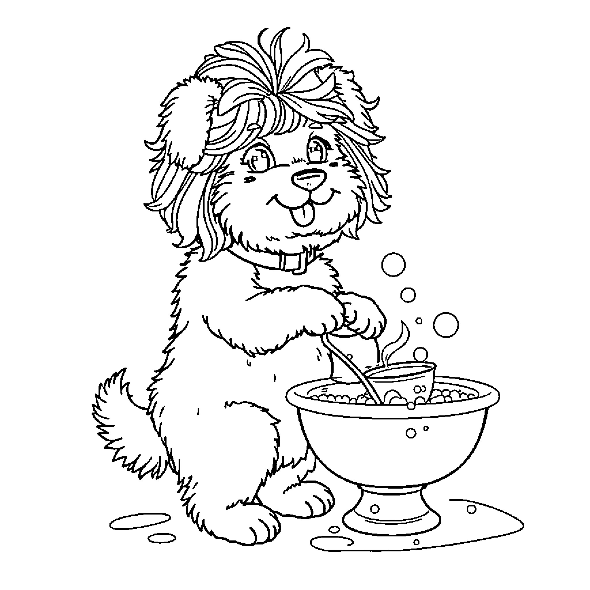 Dog enjoying a bowl of treats Coloring Page (free black-and-white line drawing printable PDF for all, from beginners to advanced learners, including children, teens, adults, and seniors)