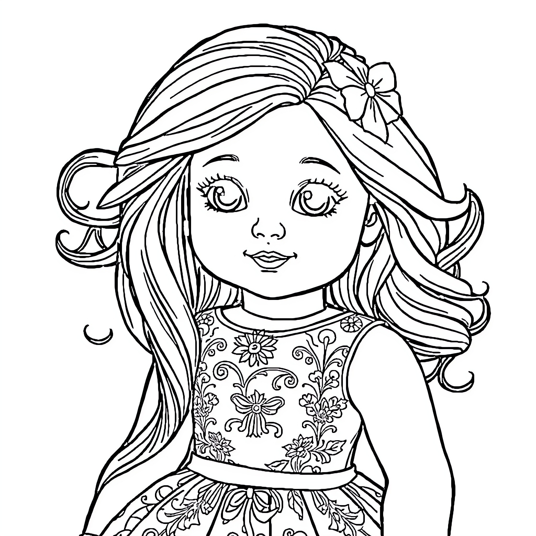 American Girl Doll with Floral Dress and Flower Headband Coloring Page (free black-and-white line drawing printable PDF for all, from beginners to advanced learners, including children, teens, adults, and seniors)
