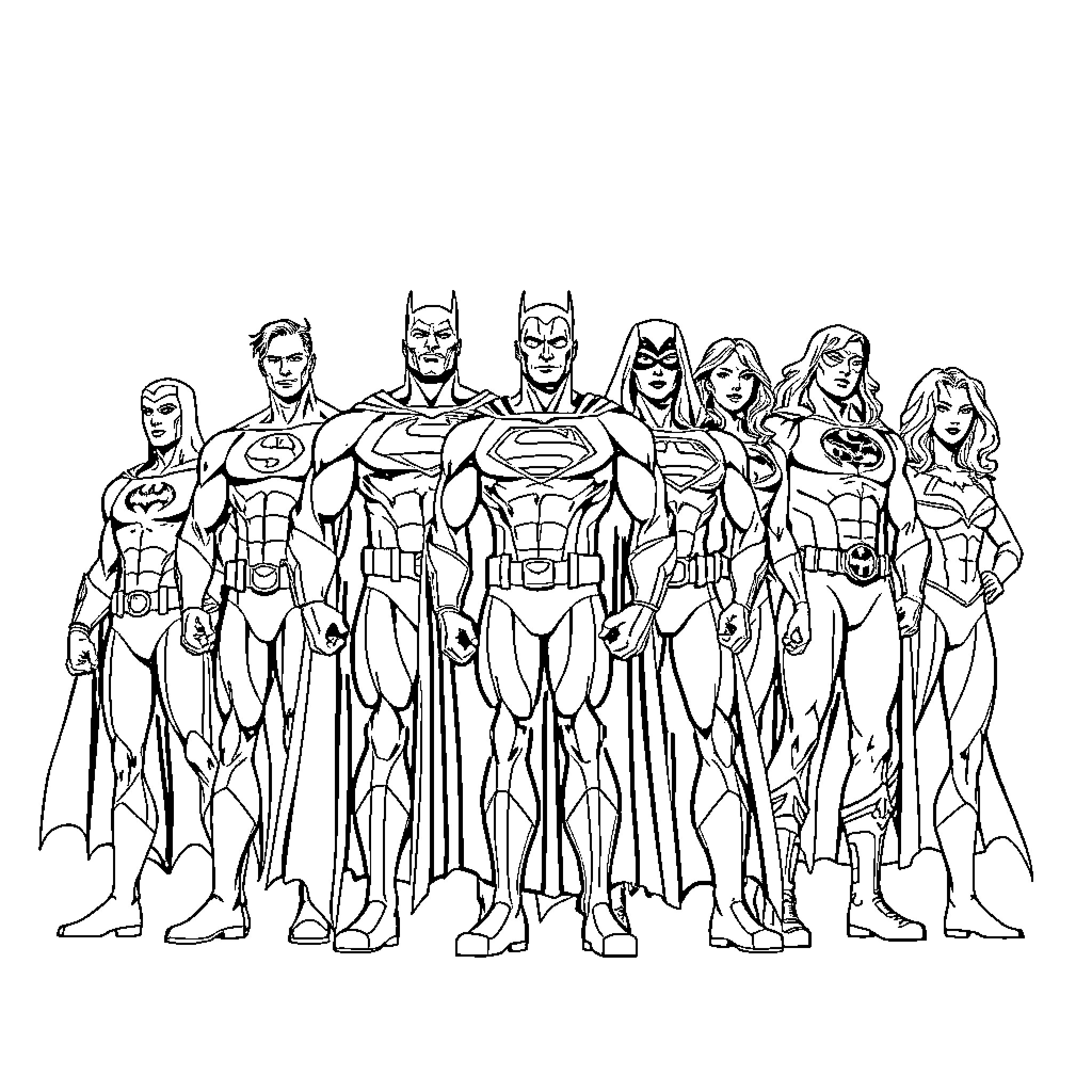 Justice League heroic team assembled in action poses Coloring Page (free black-and-white line drawing printable PDF for all, from beginners to advanced learners, including children, teens, adults, and seniors)