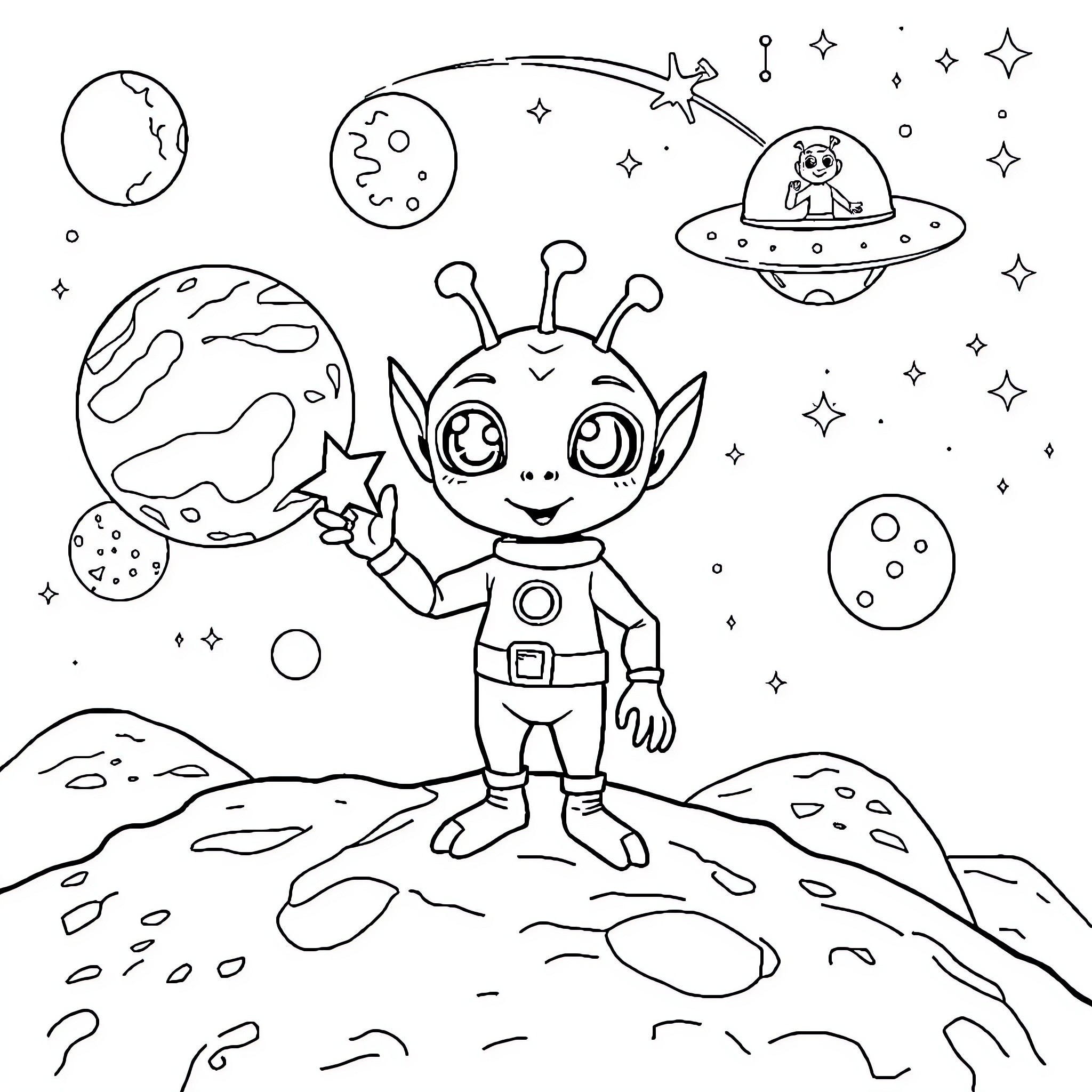 Alien Astronaut Explores Extraterrestrial Landscapes Coloring Page (free black-and-white line drawing printable PDF for all, from beginners to advanced learners, including children, teens, adults, and seniors)