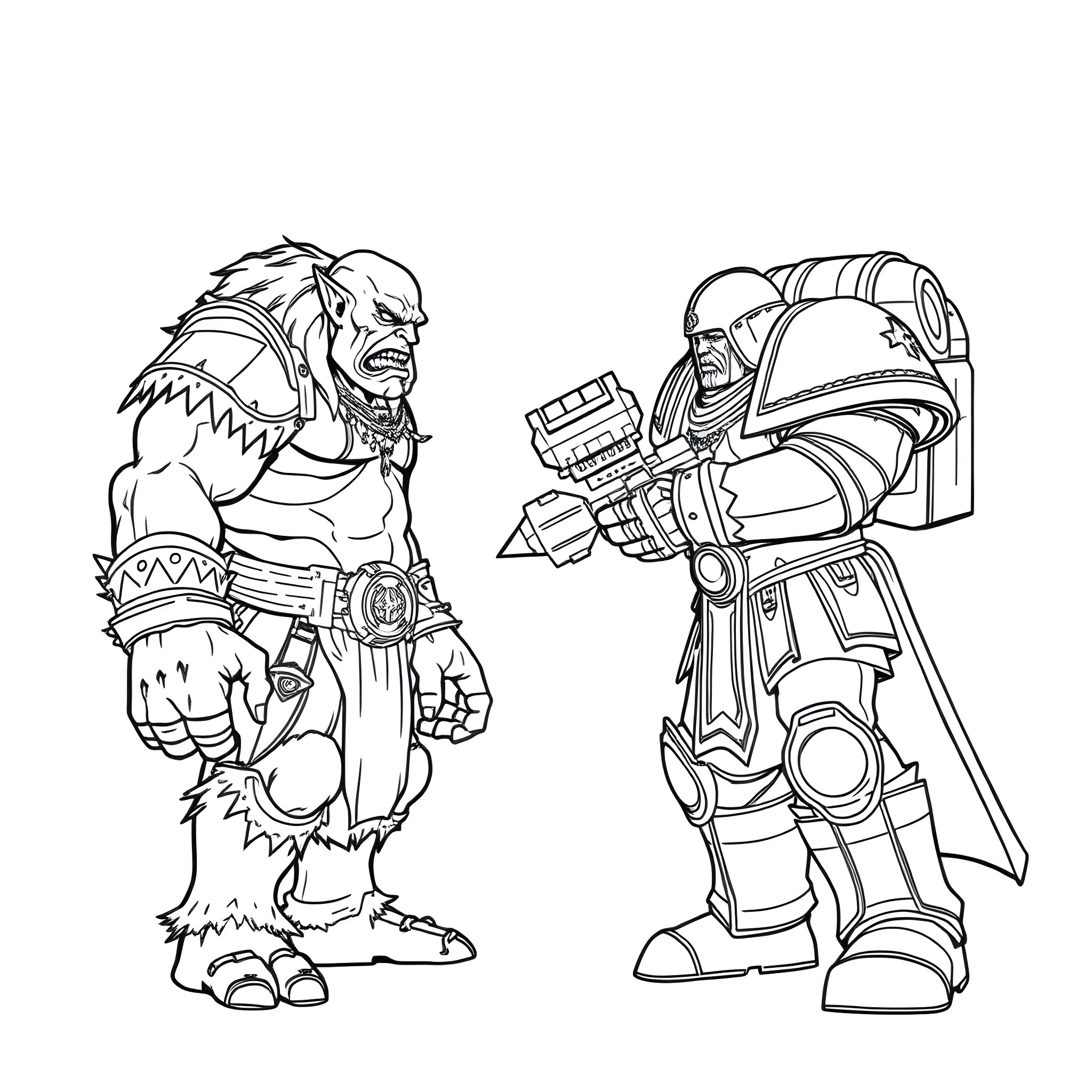 Orc Warrior and Futuristic Soldier in Combat Gear Coloring Page (free black-and-white line drawing printable PDF for all, from beginners to advanced learners, including children, teens, adults, and seniors)