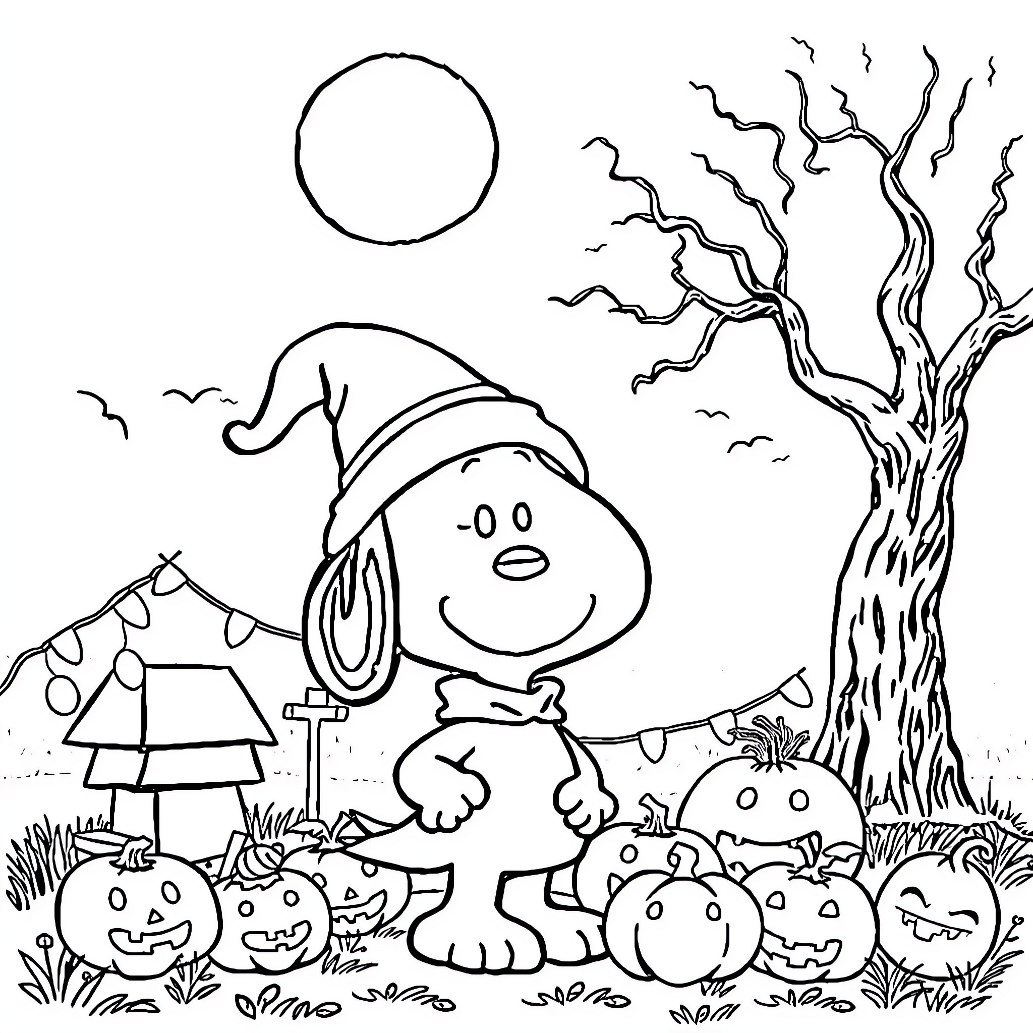 Snoopy enjoys a spooky Halloween celebration Coloring Page (free black-and-white line drawing printable PDF for all, from beginners to advanced learners, including children, teens, adults, and seniors)