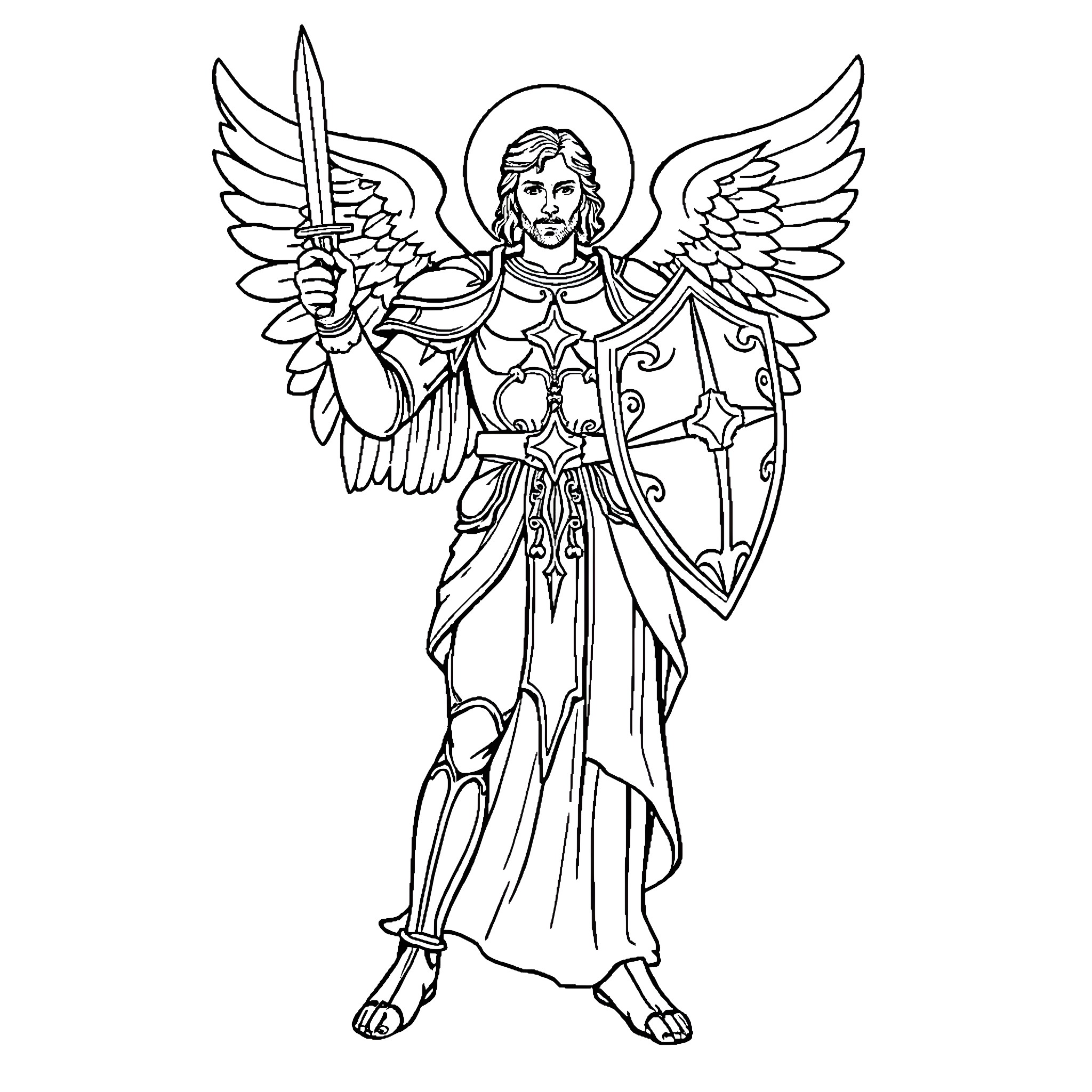 St Michael the Archangel in Heavenly Attire Coloring Page (free black-and-white line drawing printable PDF for all, from beginners to advanced learners, including children, teens, adults, and seniors)