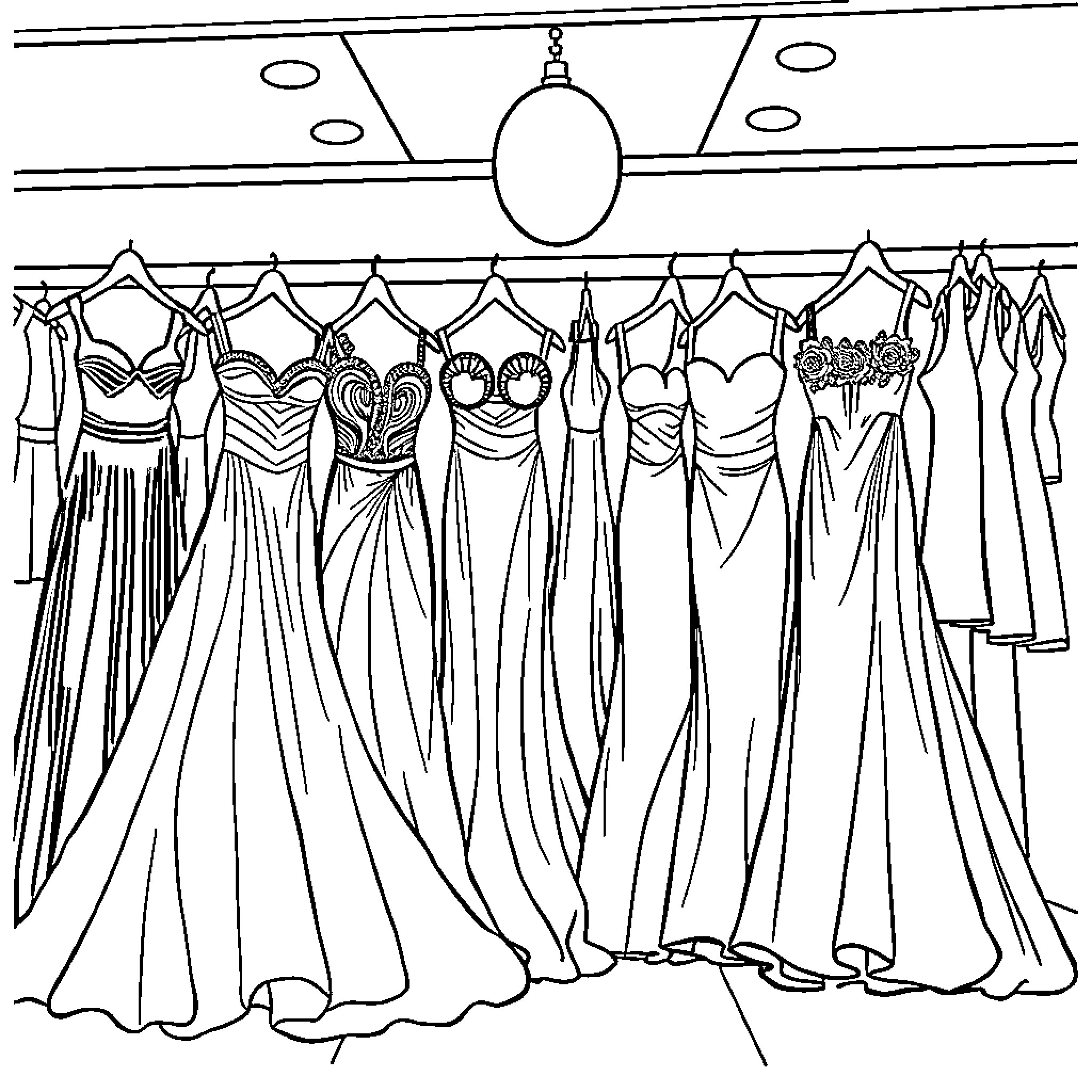 Gown Showcase of Elegant Dresses in a Boutique Coloring Page (free black-and-white line drawing printable PDF for all, from beginners to advanced learners, including children, teens, adults, and seniors)