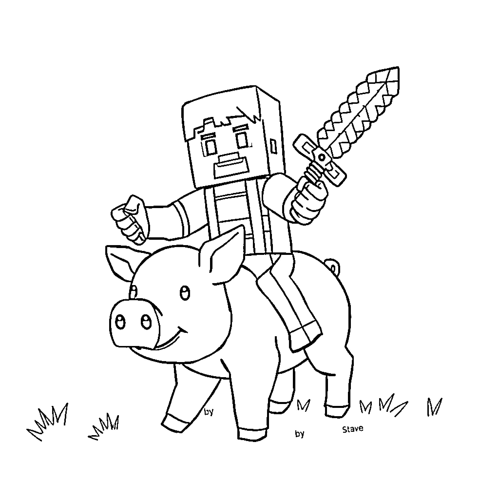 Steve riding a happy pig with a sword Coloring Page (free black-and-white line drawing printable PDF for all, from beginners to advanced learners, including children, teens, adults, and seniors)