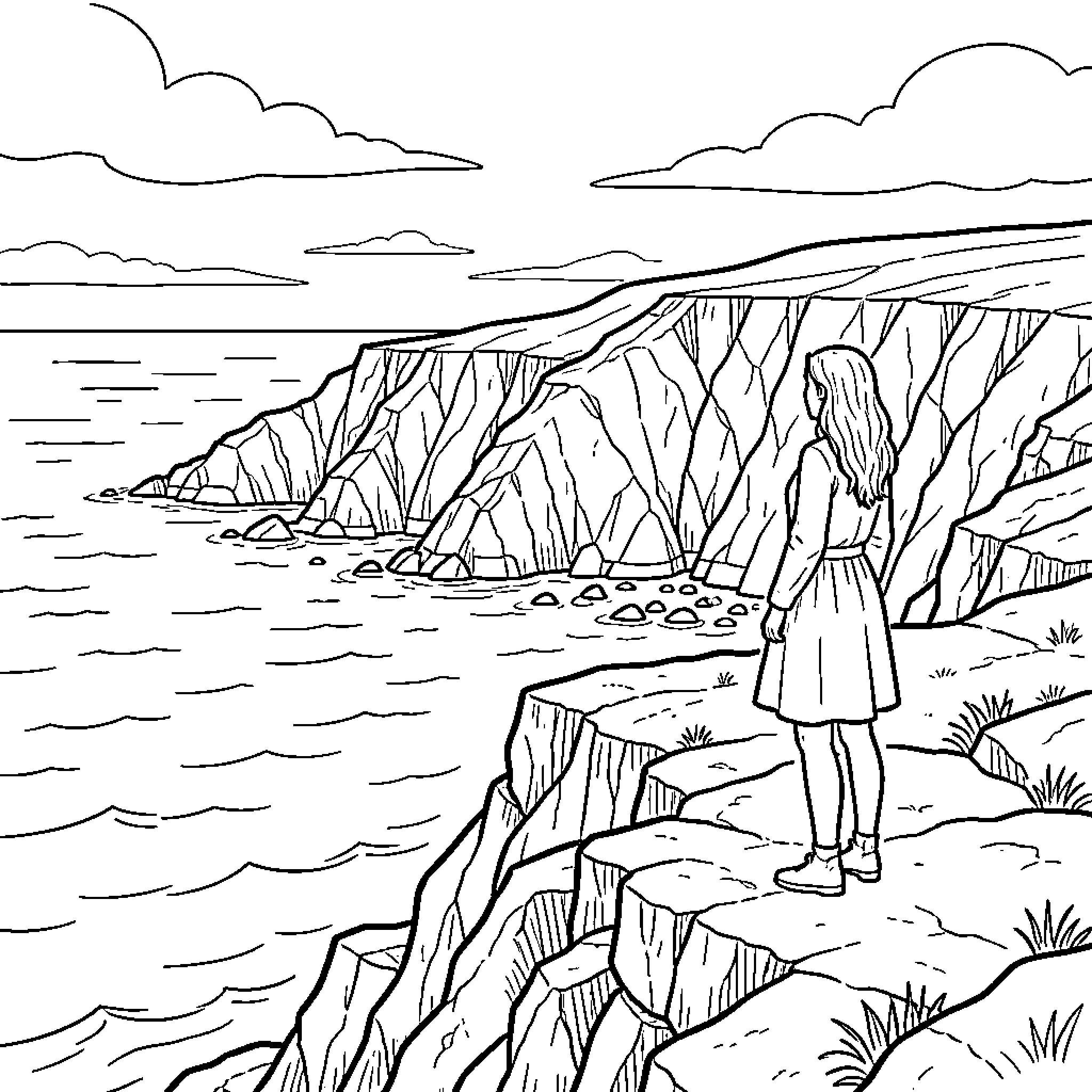 Mira standing on a cliff overlooking the ocean Coloring Page (free black-and-white line drawing printable PDF for all, from beginners to advanced learners, including children, teens, adults, and seniors)