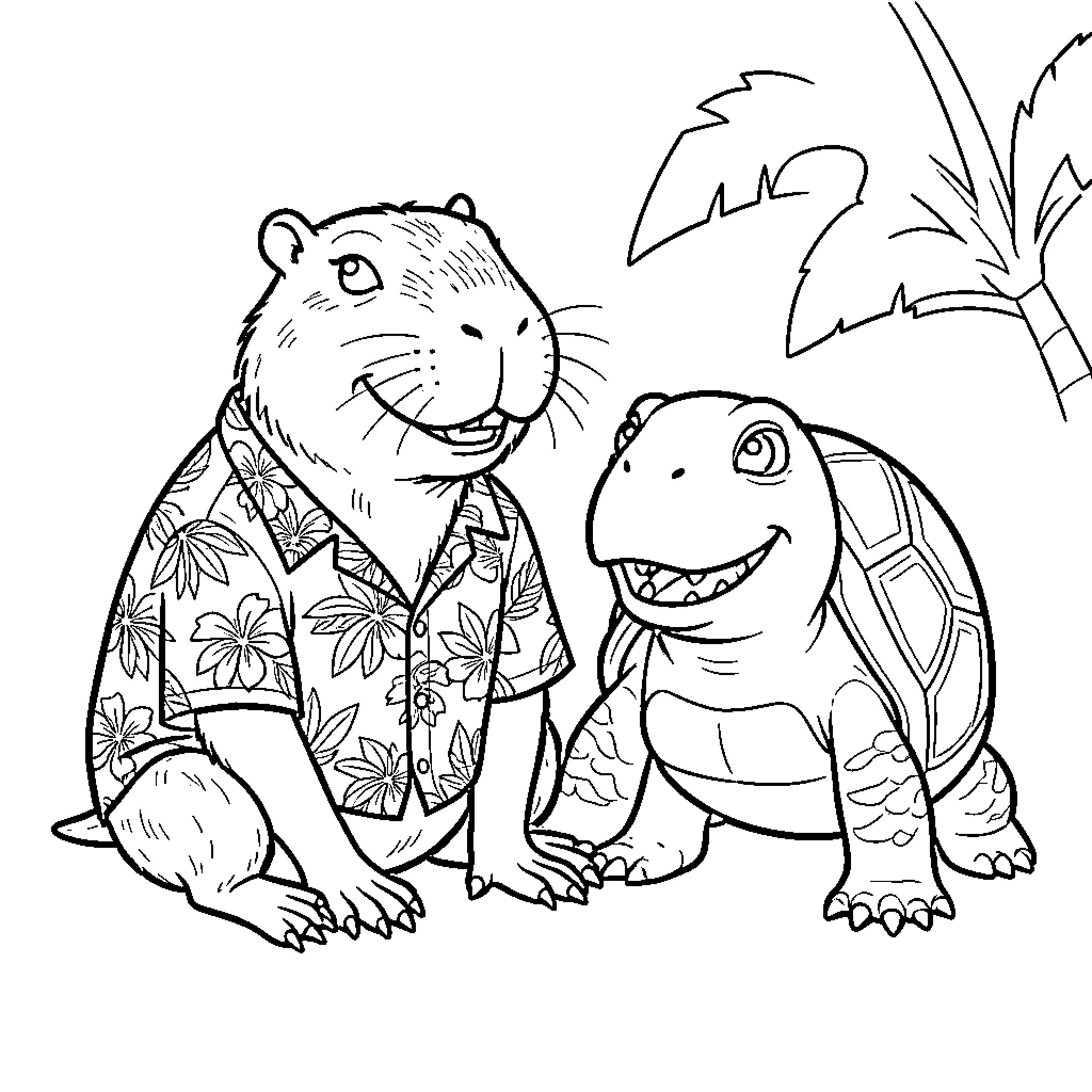 Capybara and Reptile Enjoying Tropical Vacation Coloring Page (free black-and-white line drawing printable PDF for all, from beginners to advanced learners, including children, teens, adults, and seniors)