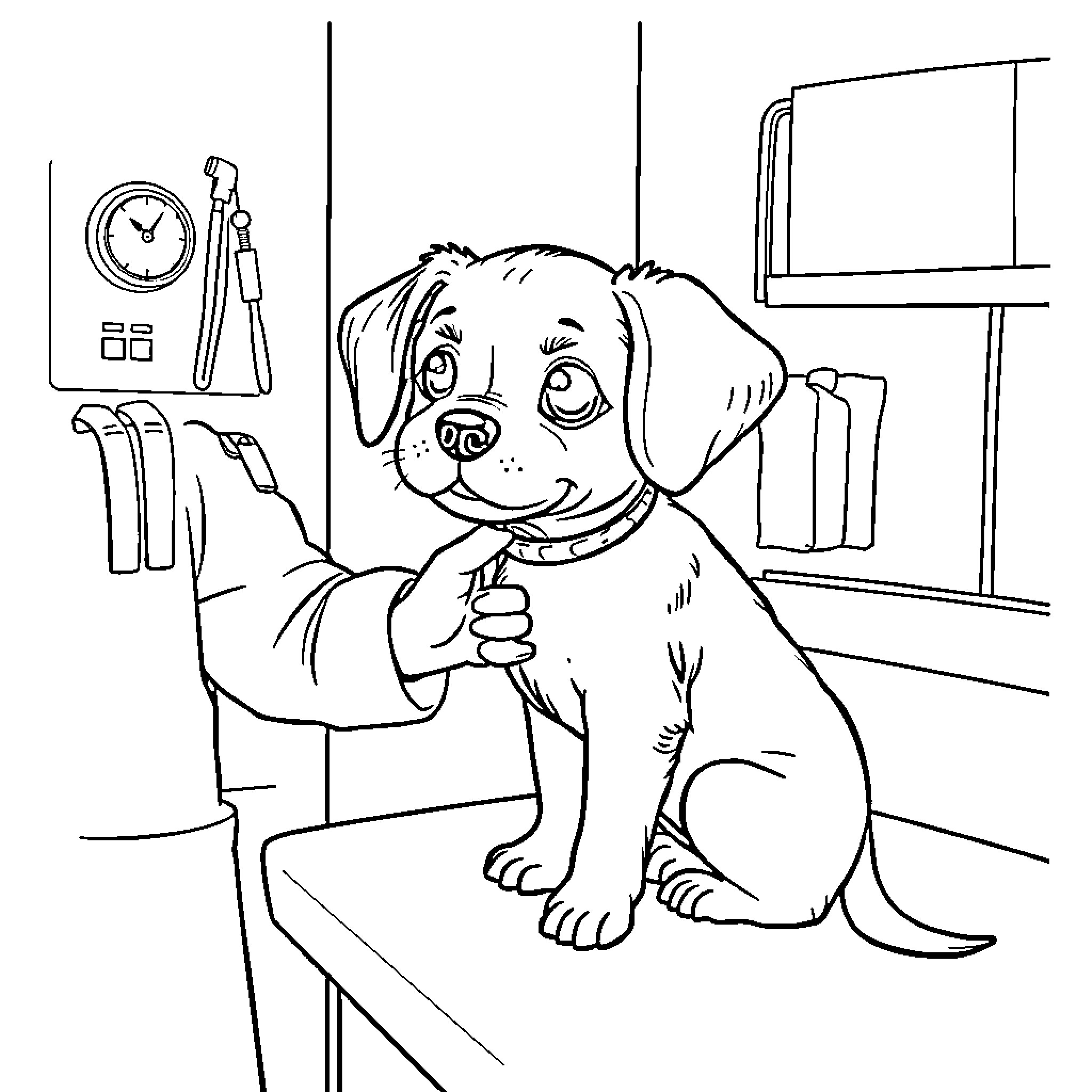 Dog Exploring Kitchen Curiously Coloring Page (free black-and-white line drawing printable PDF for all, from beginners to advanced learners, including children, teens, adults, and seniors)