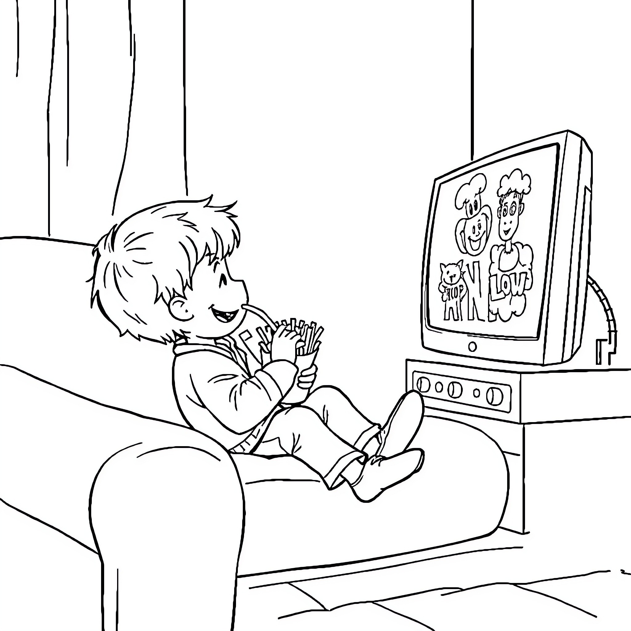 Child enjoying screen entertainment at home Coloring Page (free black-and-white line drawing printable PDF for all, from beginners to advanced learners, including children, teens, adults, and seniors)