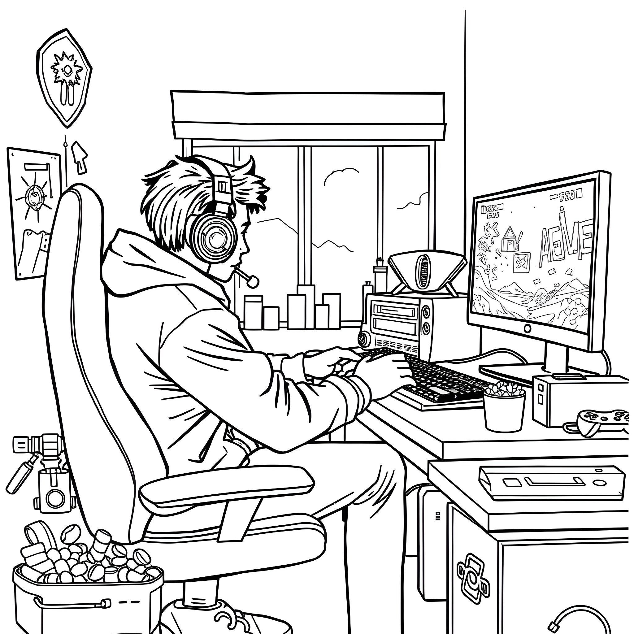Gamer playing video games in a cozy home setup Coloring Page (free black-and-white line drawing printable PDF for all, from beginners to advanced learners, including children, teens, adults, and seniors)