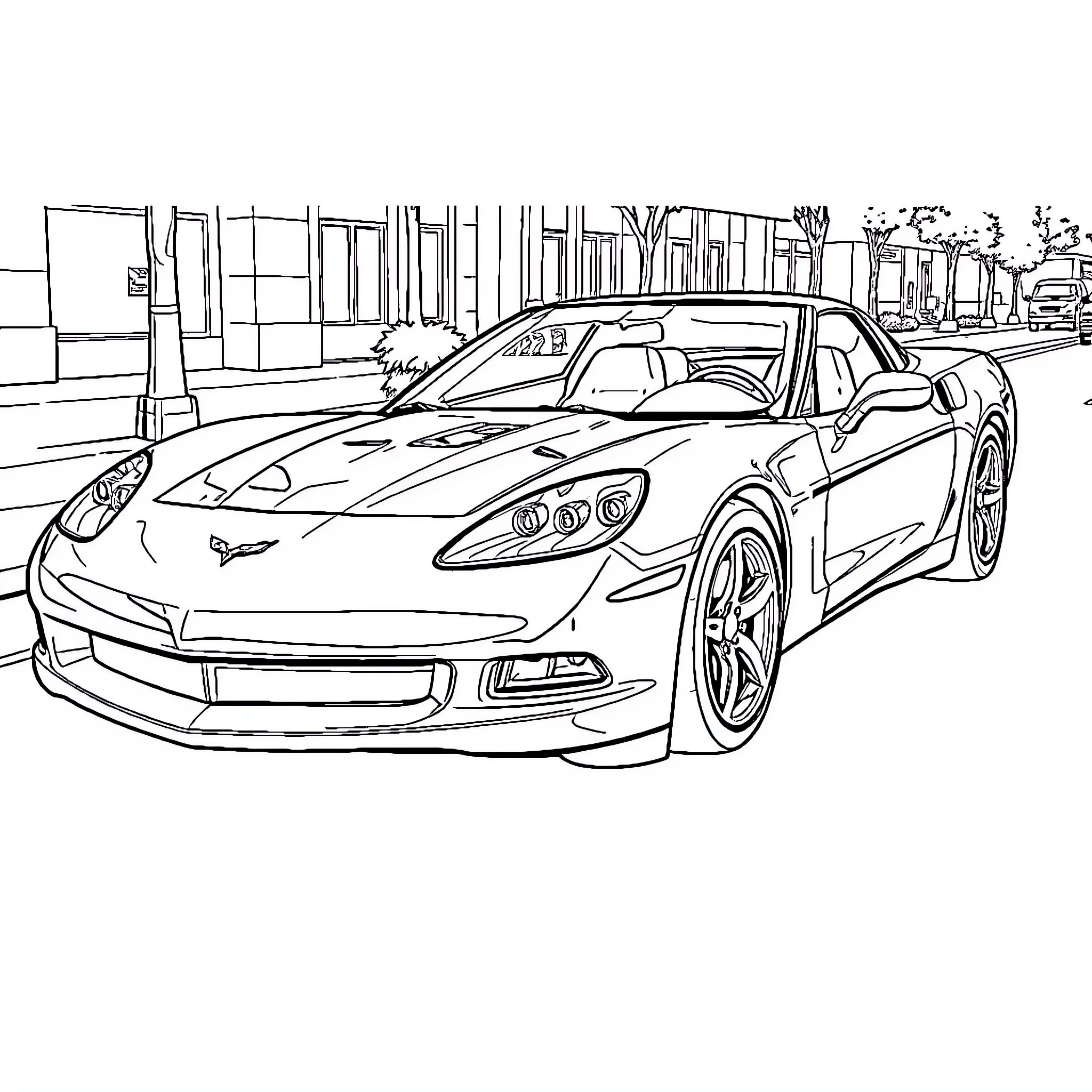 Corvette sports car parked on city street Coloring Page (free black-and-white line drawing printable PDF for all, from beginners to advanced learners, including children, teens, adults, and seniors)