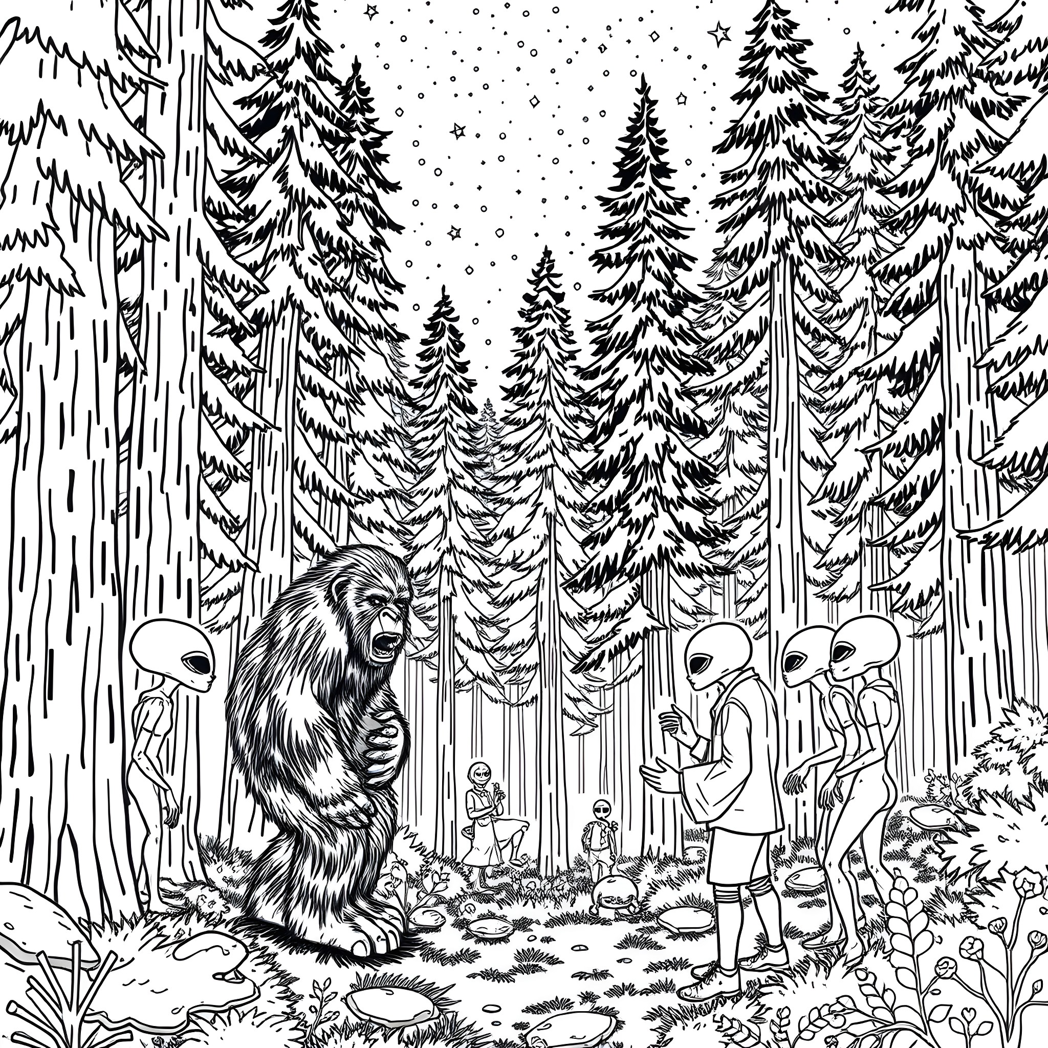Bigfoot's encounter with mysterious alien visitors in the snowy forest Coloring Page (free black-and-white line drawing printable PDF for all, from beginners to advanced learners, including children, teens, adults, and seniors)