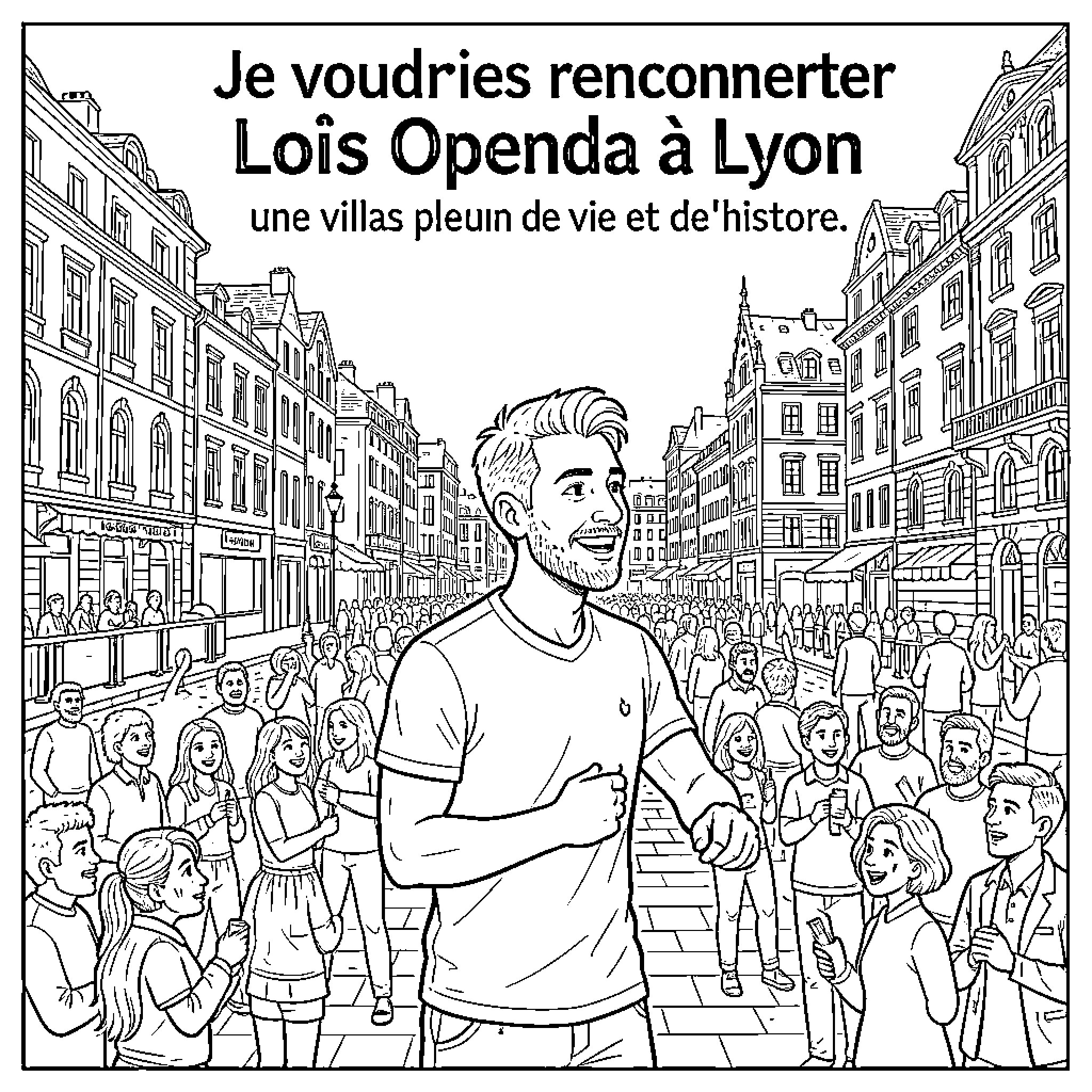 Loi Openda walking through a crowded city street Coloring Page (free black-and-white line drawing printable PDF for all, from beginners to advanced learners, including children, teens, adults, and seniors)