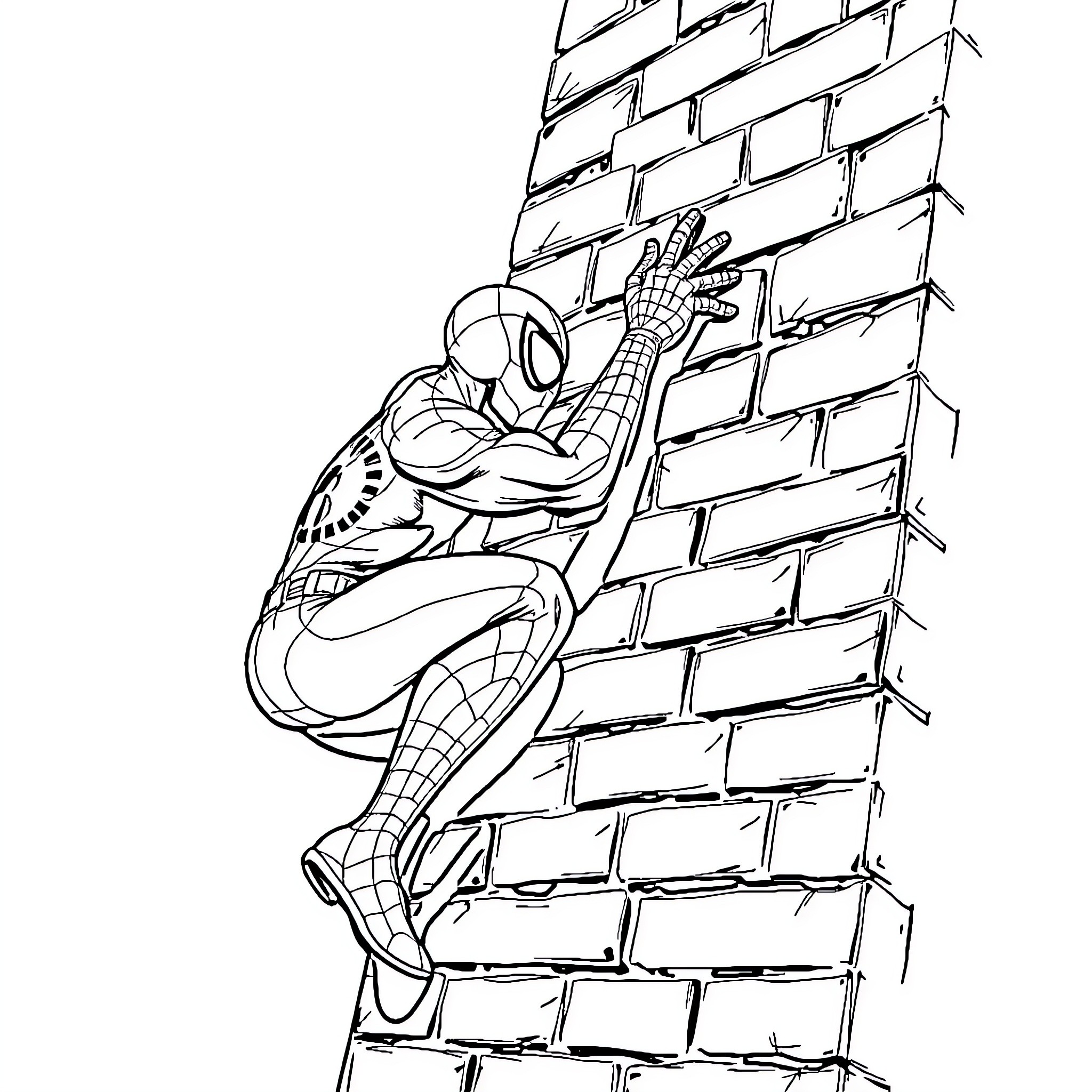 Spiderman climbing up the brick wall Coloring Page (free black-and-white line drawing printable PDF for all, from beginners to advanced learners, including children, teens, adults, and seniors)