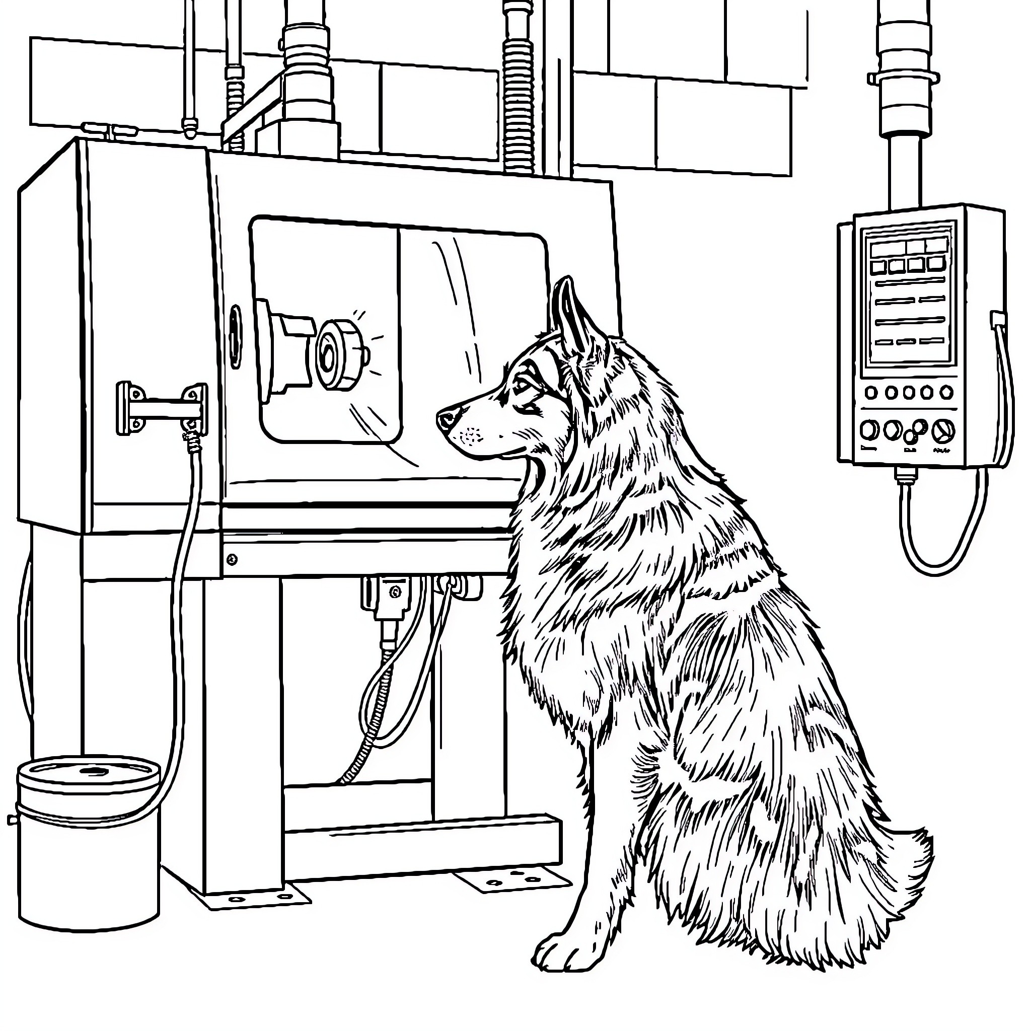 Australian Shepherd attentively observing industrial machinery Coloring Page (free black-and-white line drawing printable PDF for all, from beginners to advanced learners, including children, teens, adults, and seniors)