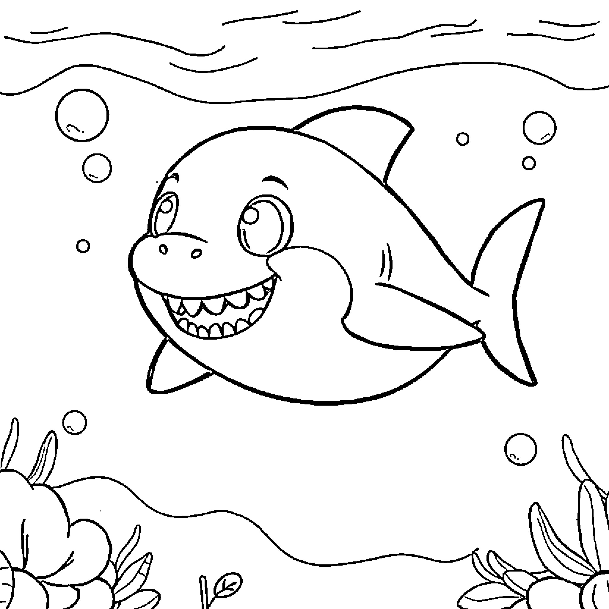 Shark with a Happy Expression in the Sea Coloring Page (free black-and-white line drawing printable PDF for all, from beginners to advanced learners, including children, teens, adults, and seniors)
