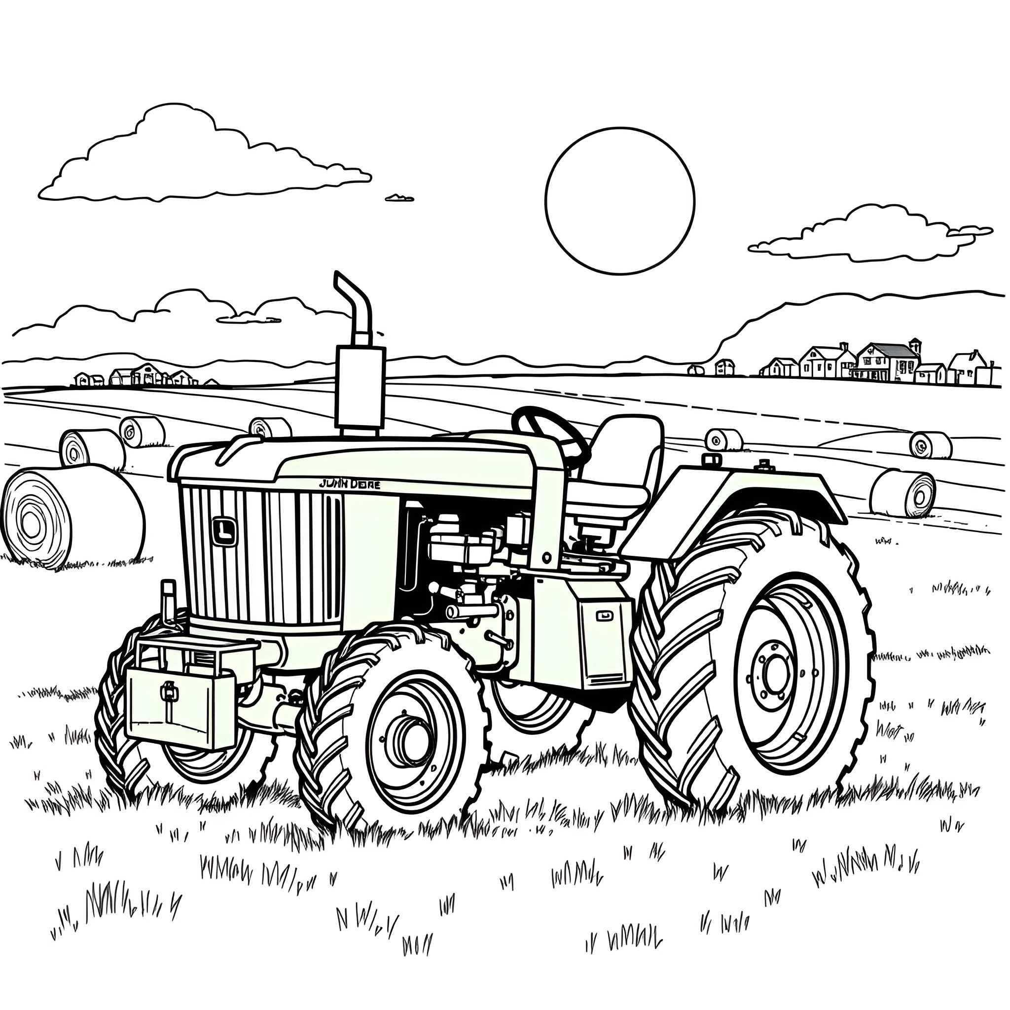 John Deere Tractor Plowing Through Scenic Countryside Coloring Page (free black-and-white line drawing printable PDF for all, from beginners to advanced learners, including children, teens, adults, and seniors)