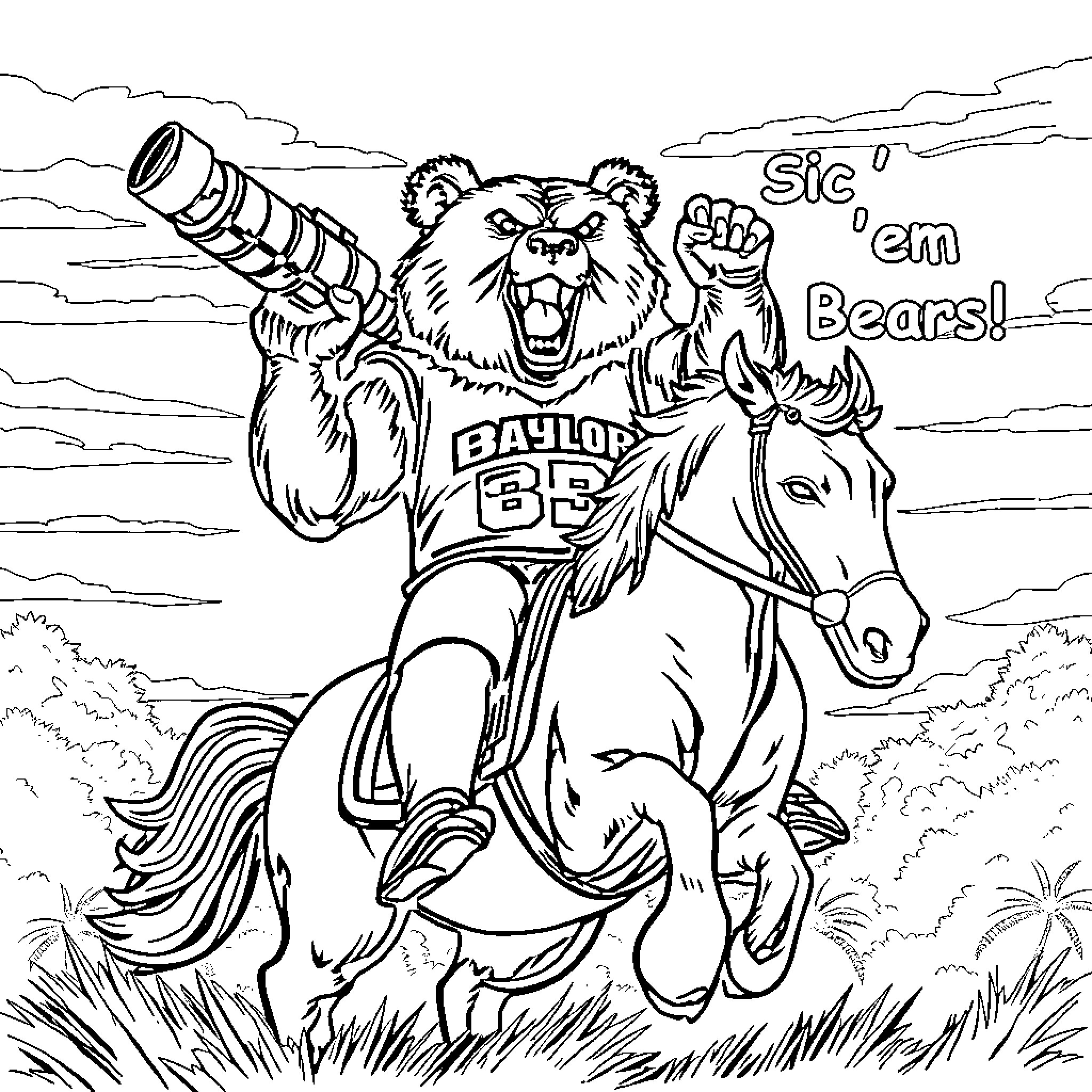 Bear riding a horse and holding a cannon Coloring Page (free black-and-white line drawing printable PDF for all, from beginners to advanced learners, including children, teens, adults, and seniors)