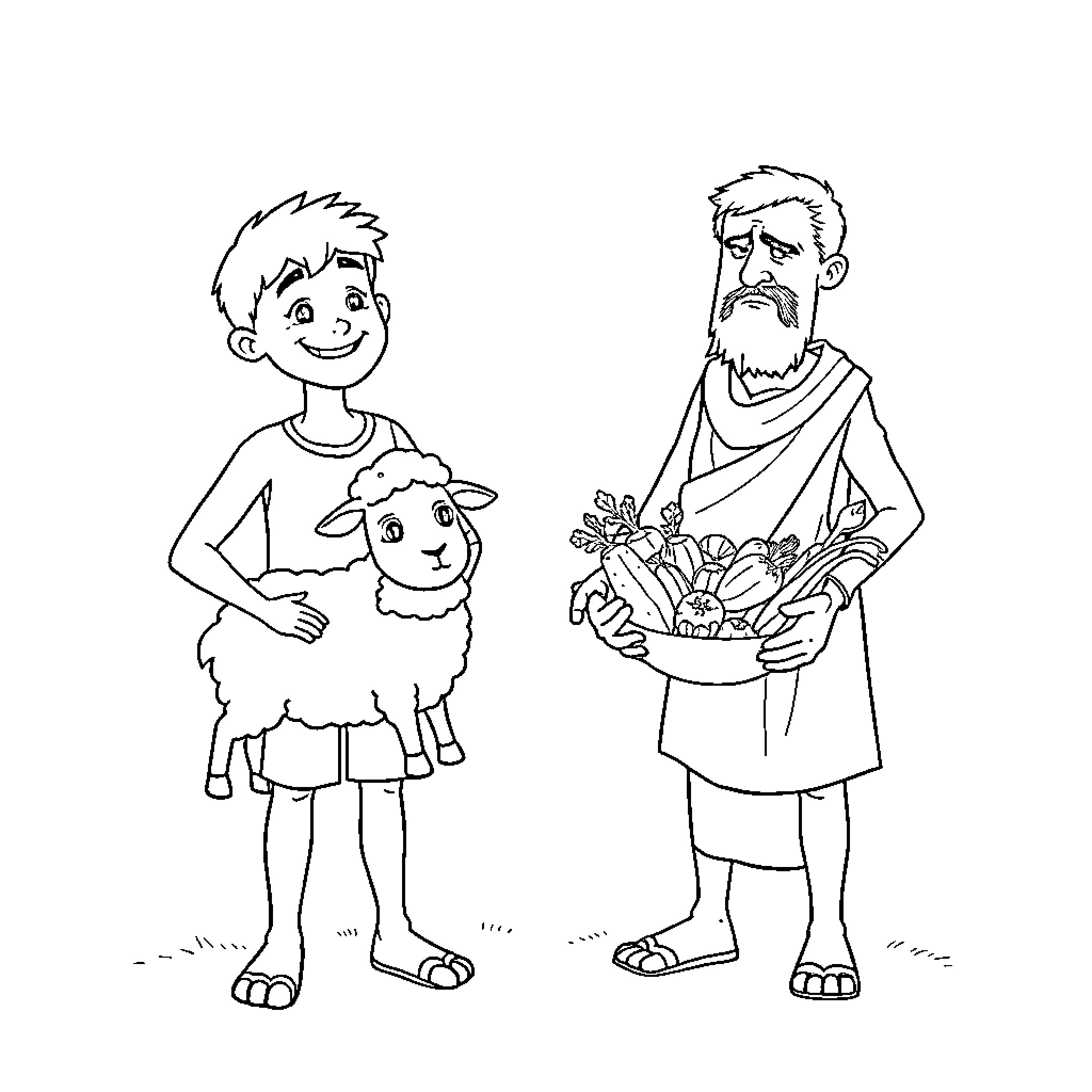 Abel and the Shepherd Caring for the Flock Coloring Page (free black-and-white line drawing printable PDF for all, from beginners to advanced learners, including children, teens, adults, and seniors)