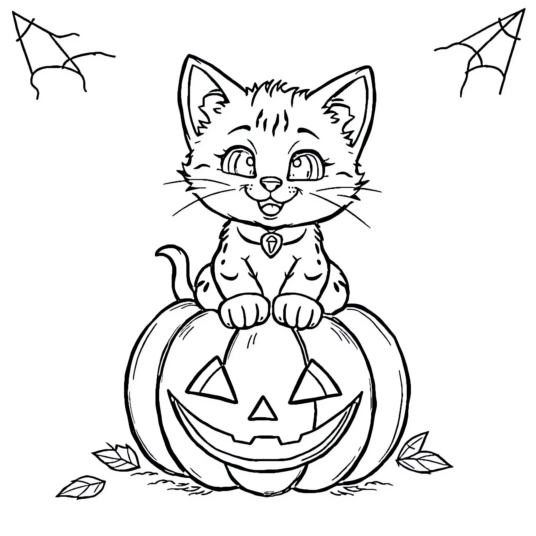 Kitty sitting on a Halloween pumpkin Coloring Page (free black-and-white line drawing printable PDF for all, from beginners to advanced learners, including children, teens, adults, and seniors)