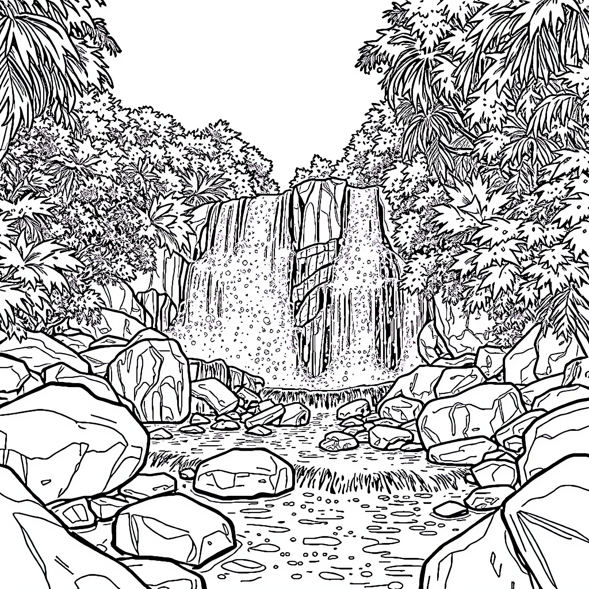 Duns River Waterfall in Lush Tropical Landscape Coloring Page (free black-and-white line drawing printable PDF for all, from beginners to advanced learners, including children, teens, adults, and seniors)