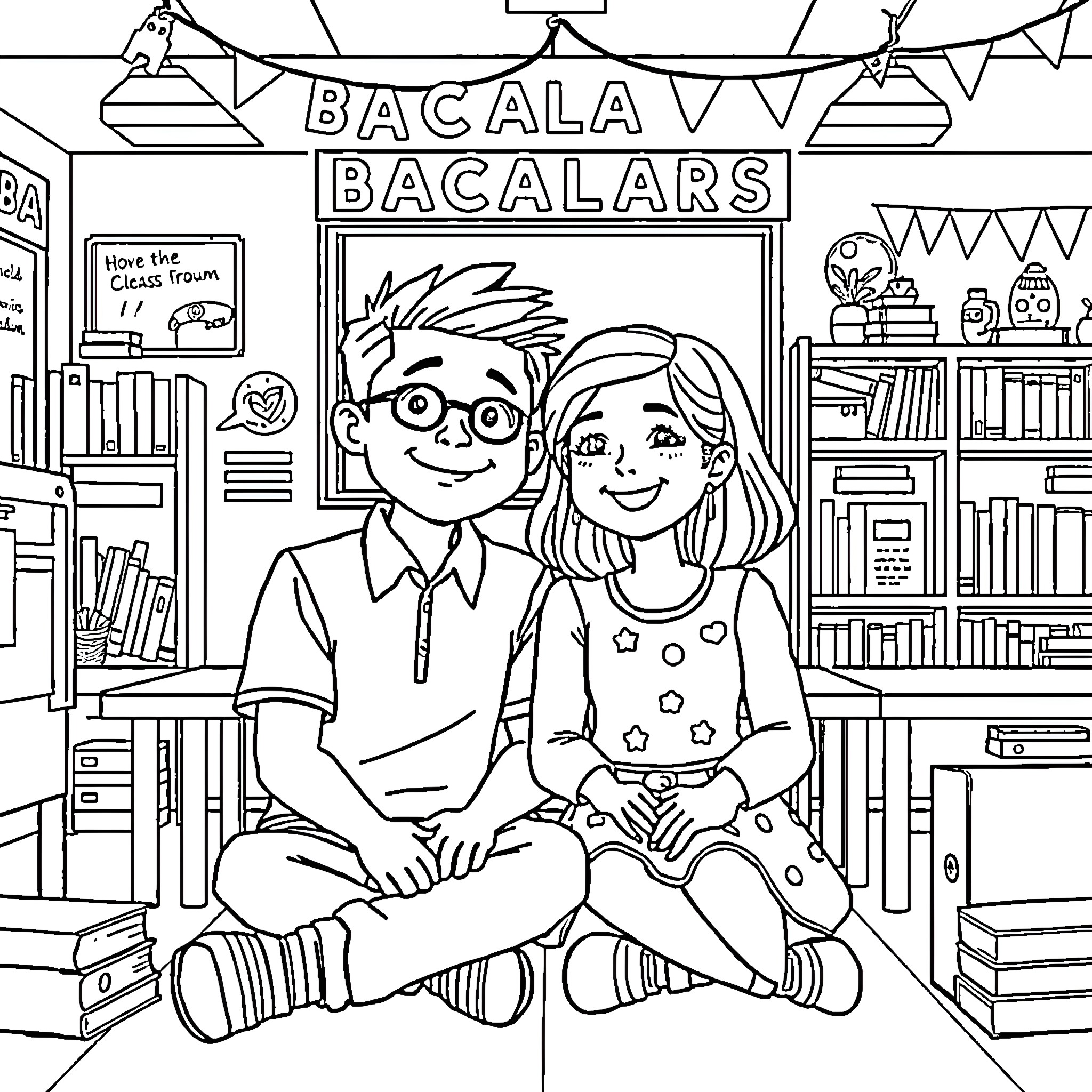 Steve and Maggie Enjoy a Day at the Bacalars Bookstore Coloring Page (free black-and-white line drawing printable PDF for all, from beginners to advanced learners, including children, teens, adults, and seniors)