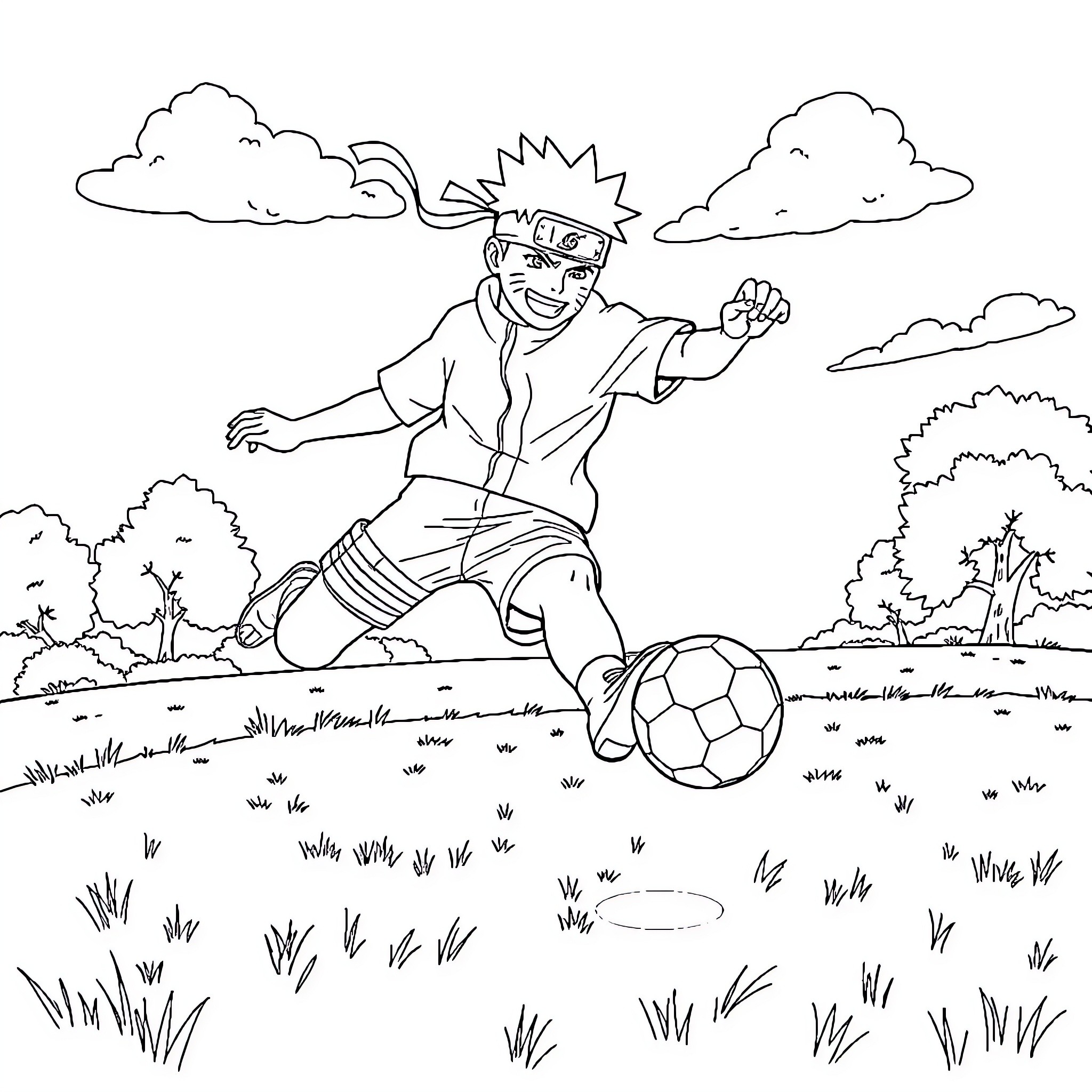 Naruto happily playing soccer in the countryside Coloring Page (free black-and-white line drawing printable PDF for all, from beginners to advanced learners, including children, teens, adults, and seniors)