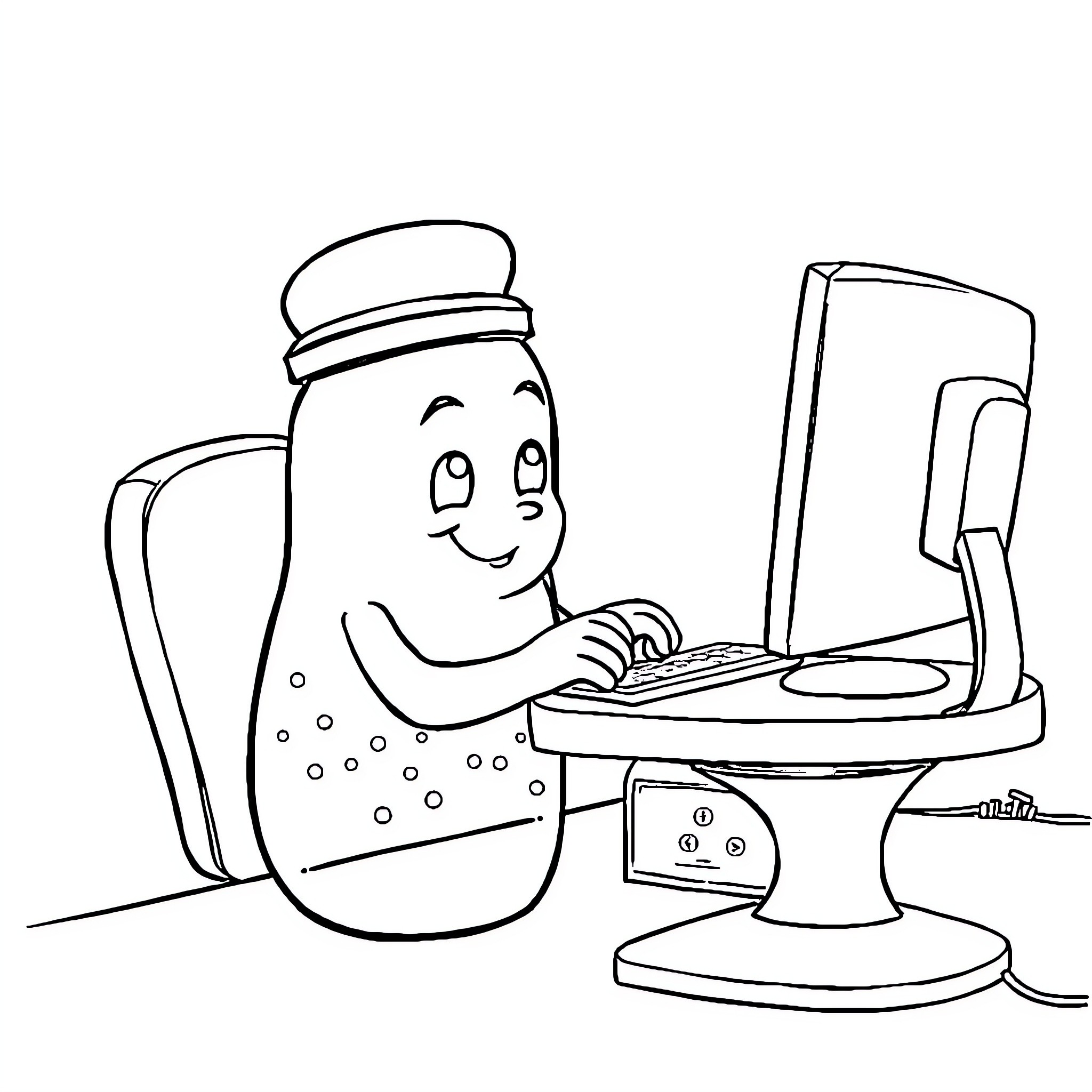 Saltshaker using a computer Coloring Page (free black-and-white line drawing printable PDF for all, from beginners to advanced learners, including children, teens, adults, and seniors)