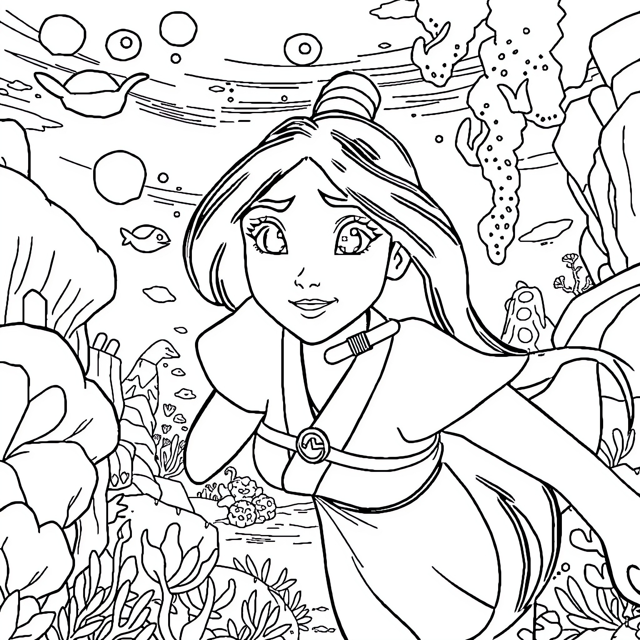 Mulan exploring the enchanting underwater world Coloring Page (free black-and-white line drawing printable PDF for all, from beginners to advanced learners, including children, teens, adults, and seniors)