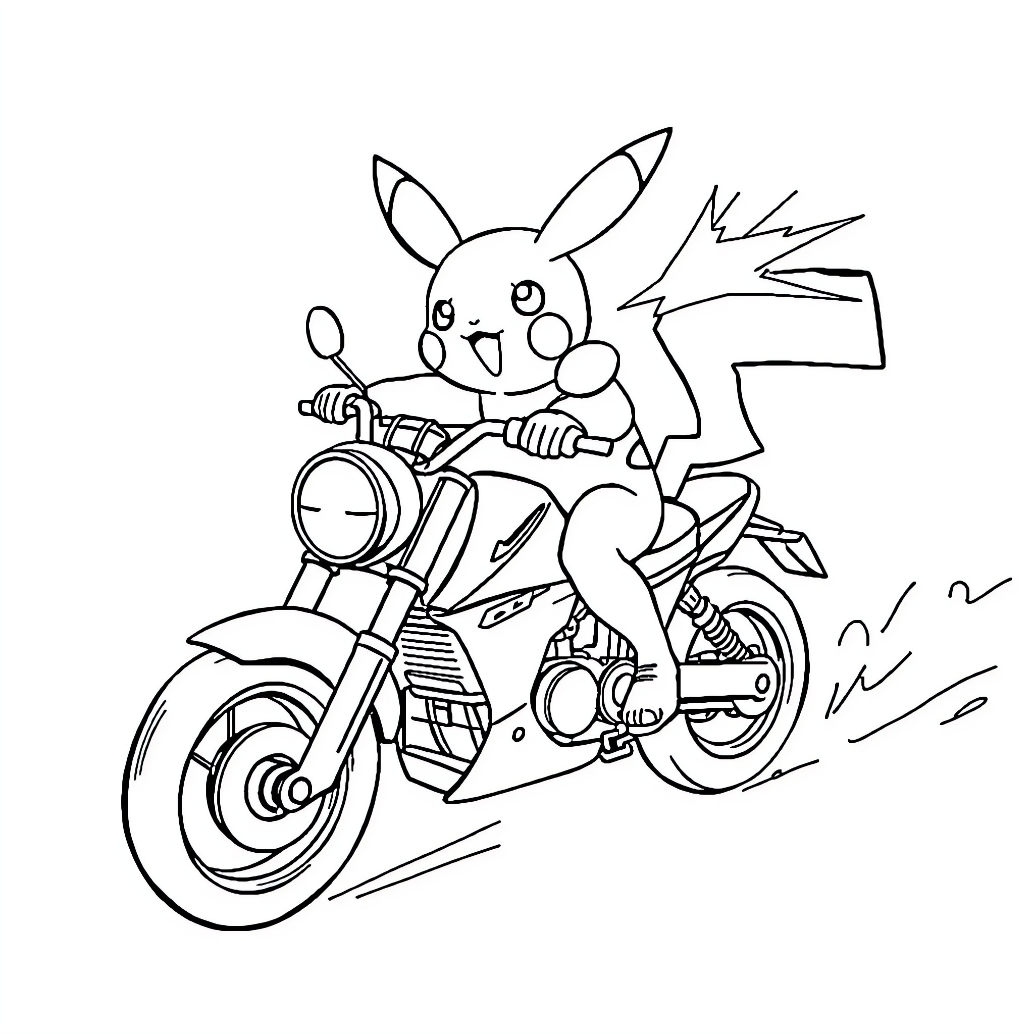 Pikachu riding a motorcycle with excitement Coloring Page (free black-and-white line drawing printable PDF for all, from beginners to advanced learners, including children, teens, adults, and seniors)