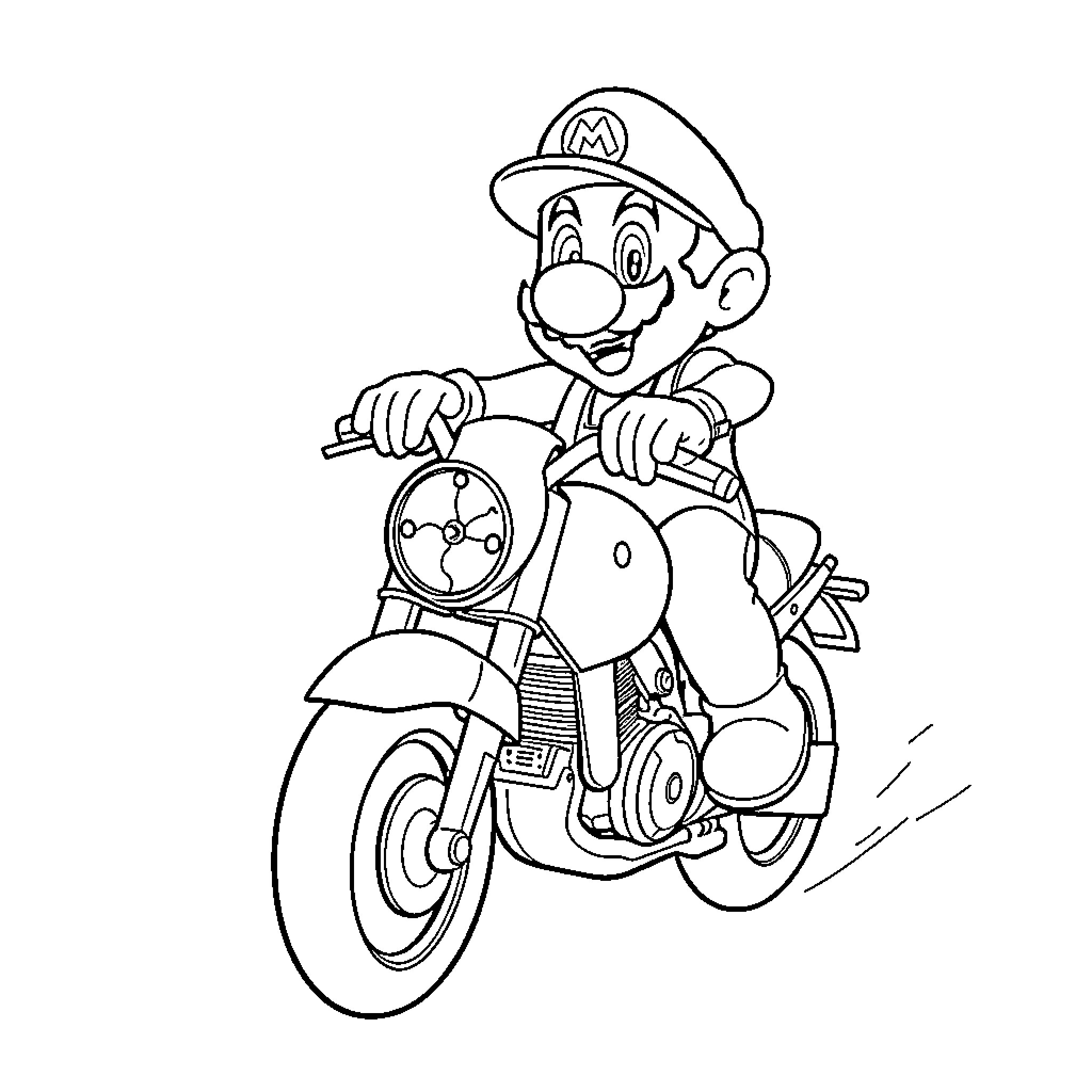 Mario riding a vintage motorcycle with excitement Coloring Page (free black-and-white line drawing printable PDF for all, from beginners to advanced learners, including children, teens, adults, and seniors)