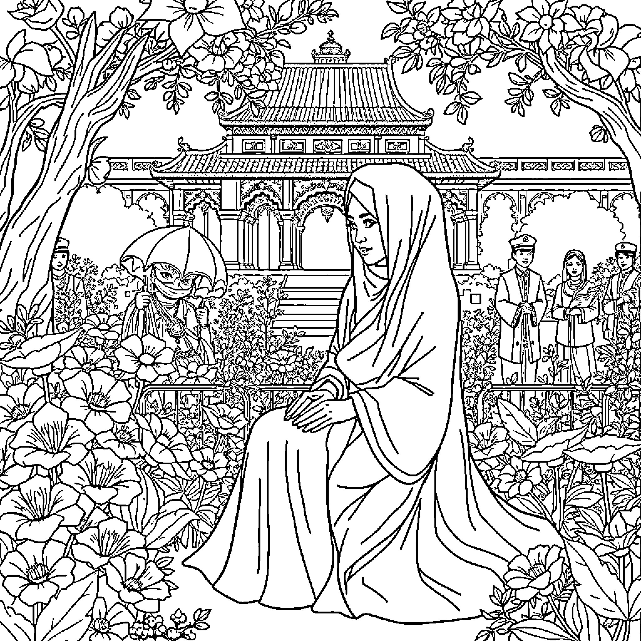 Dewi Arum Sari amidst lush gardens and ornate pavilion Coloring Page (free black-and-white line drawing printable PDF for all, from beginners to advanced learners, including children, teens, adults, and seniors)
