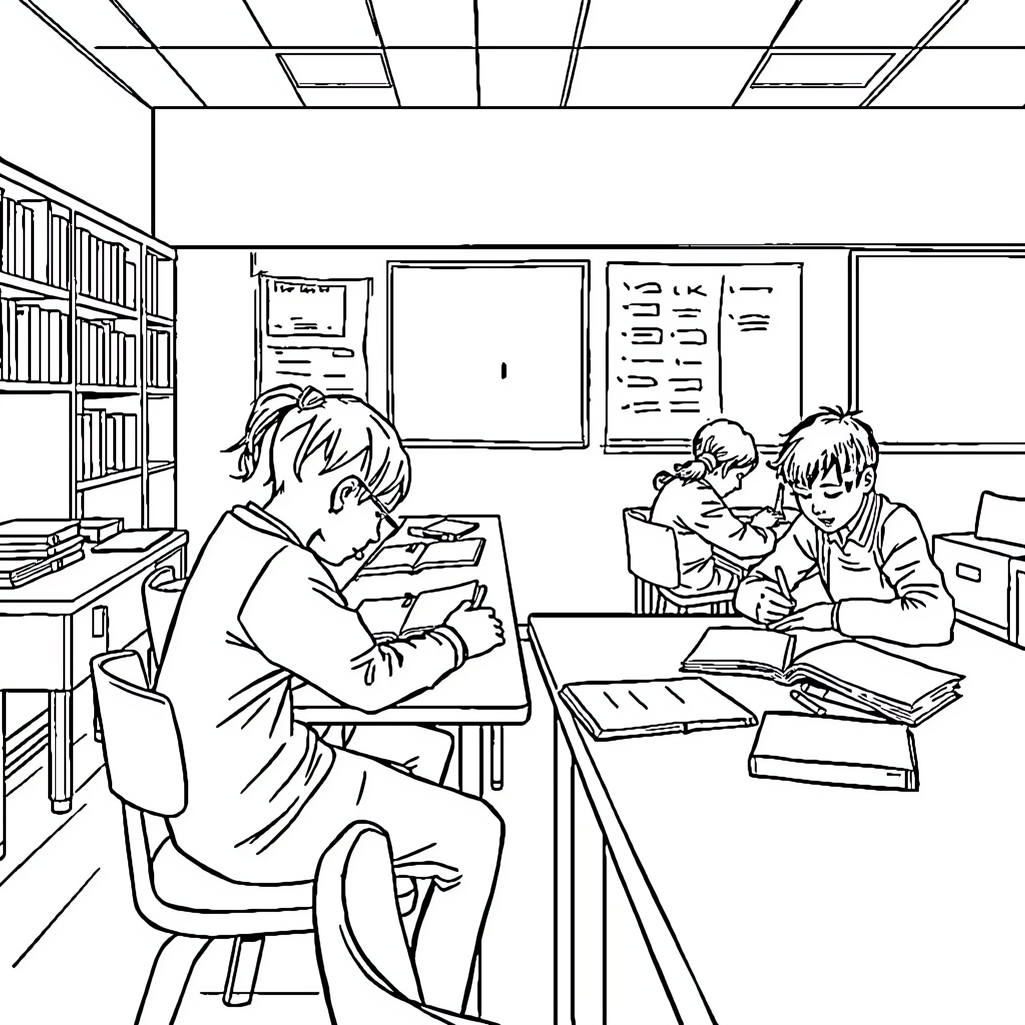 Students studying diligently in the library Coloring Page (free black-and-white line drawing printable PDF for all, from beginners to advanced learners, including children, teens, adults, and seniors)