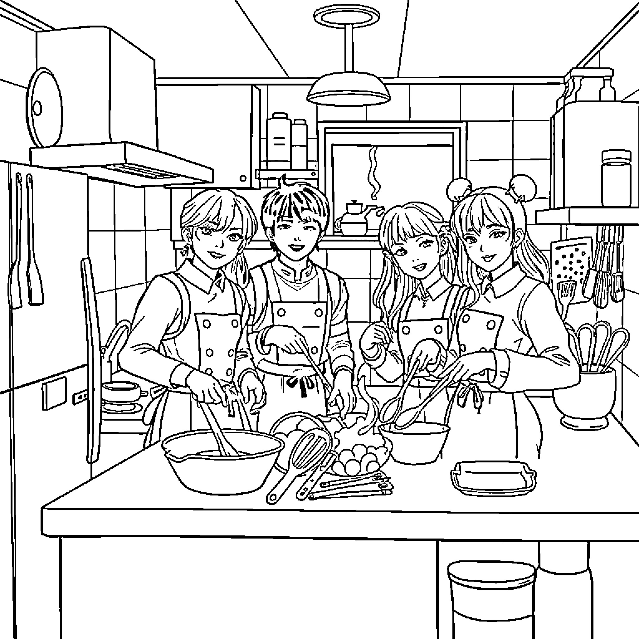 K Pop Warrior Chefs Cooking Together in Kitchen Coloring Page (free black-and-white line drawing printable PDF for all, from beginners to advanced learners, including children, teens, adults, and seniors)