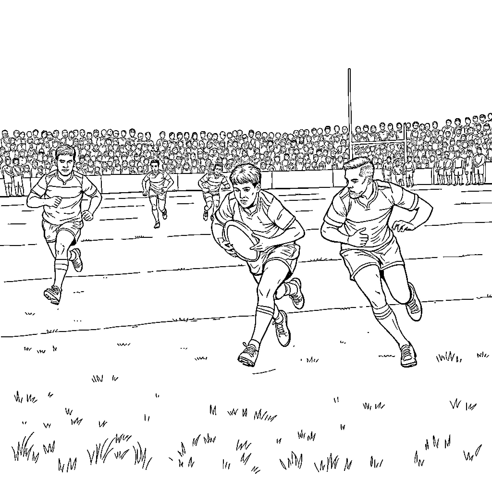 Rugby players in intense competition on the field Coloring Page (free black-and-white line drawing printable PDF for all, from beginners to advanced learners, including children, teens, adults, and seniors)