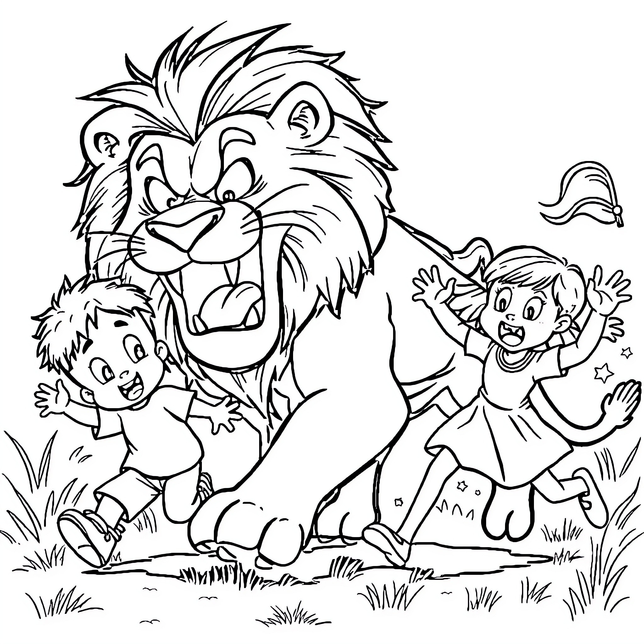 Lion roaring playfully with excited children Coloring Page (free black-and-white line drawing printable PDF for all, from beginners to advanced learners, including children, teens, adults, and seniors)