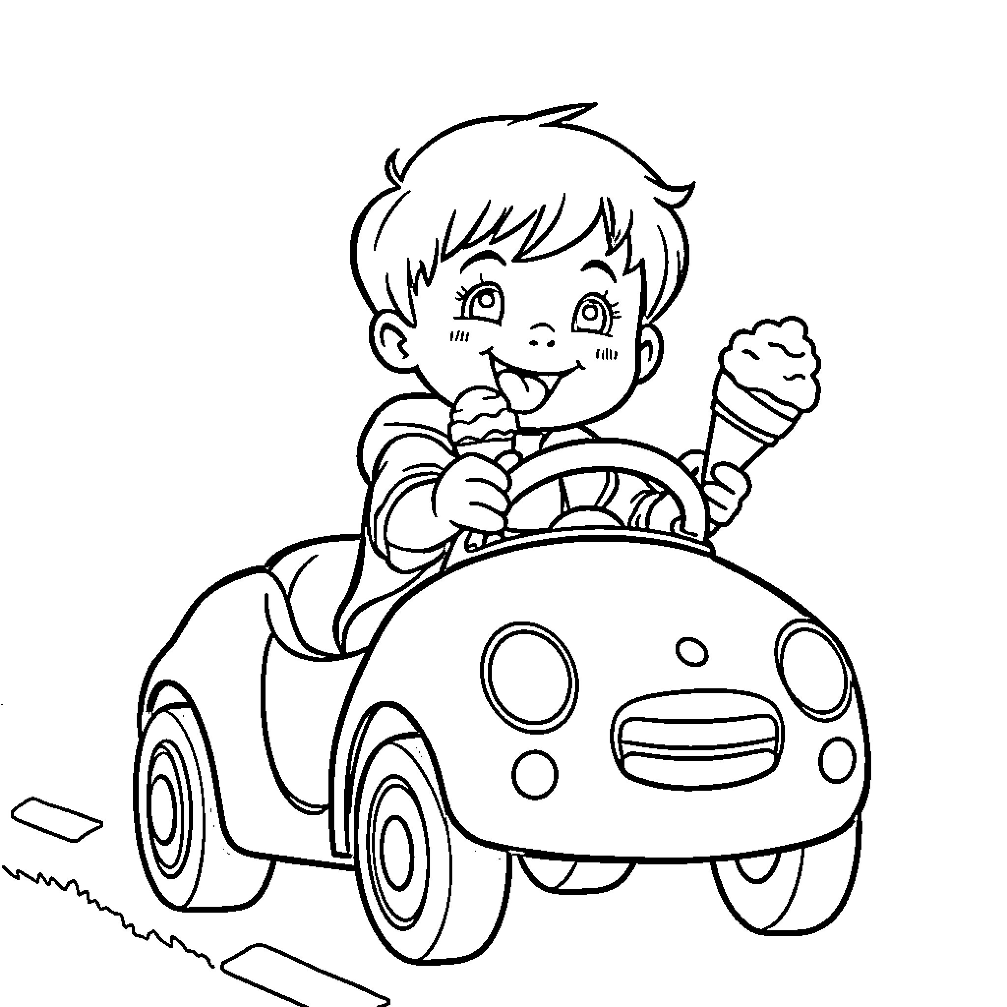 Gap Driving a Funky Car Happily Coloring Page (free black-and-white line drawing printable PDF for all, from beginners to advanced learners, including children, teens, adults, and seniors)