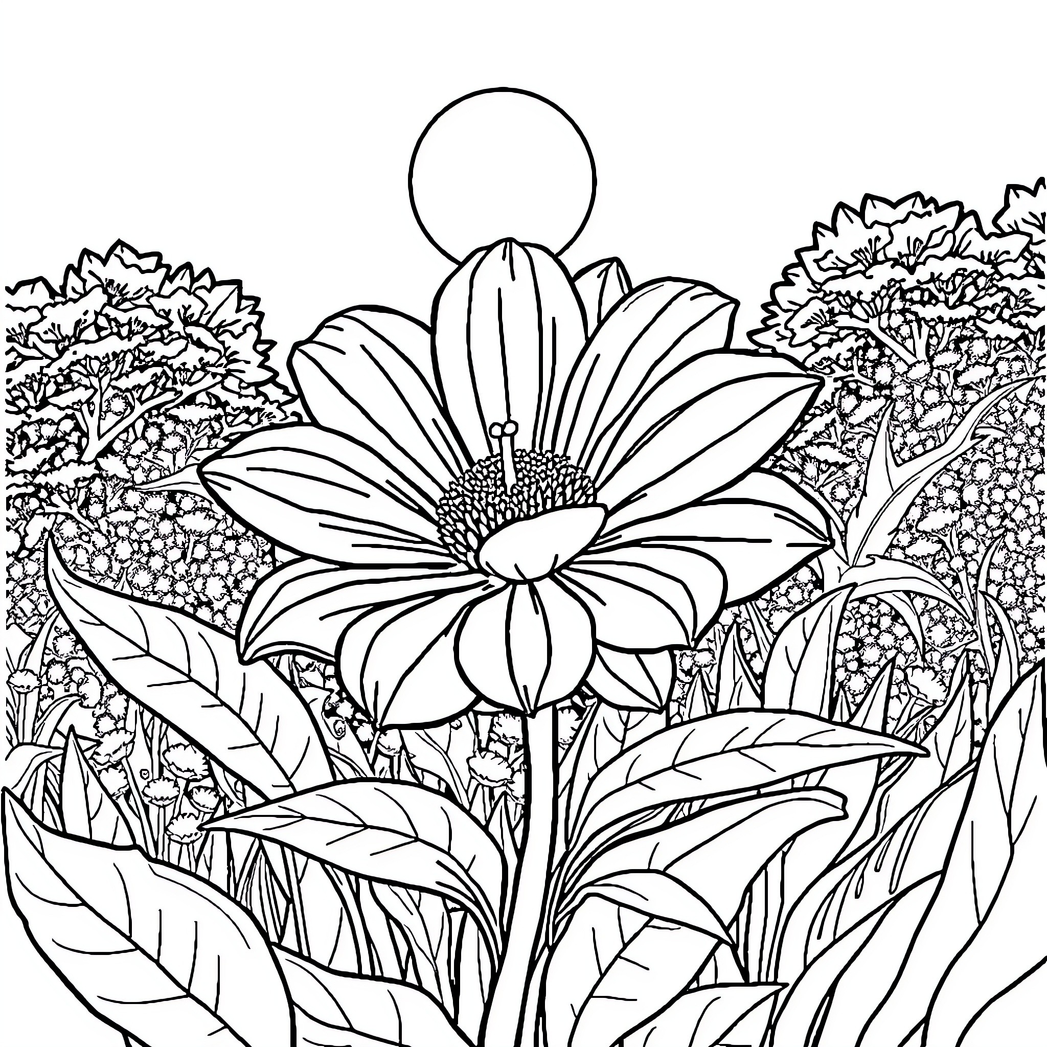 Flower garden with vibrant blooms Coloring Page (free black-and-white line drawing printable PDF for all, from beginners to advanced learners, including children, teens, adults, and seniors)