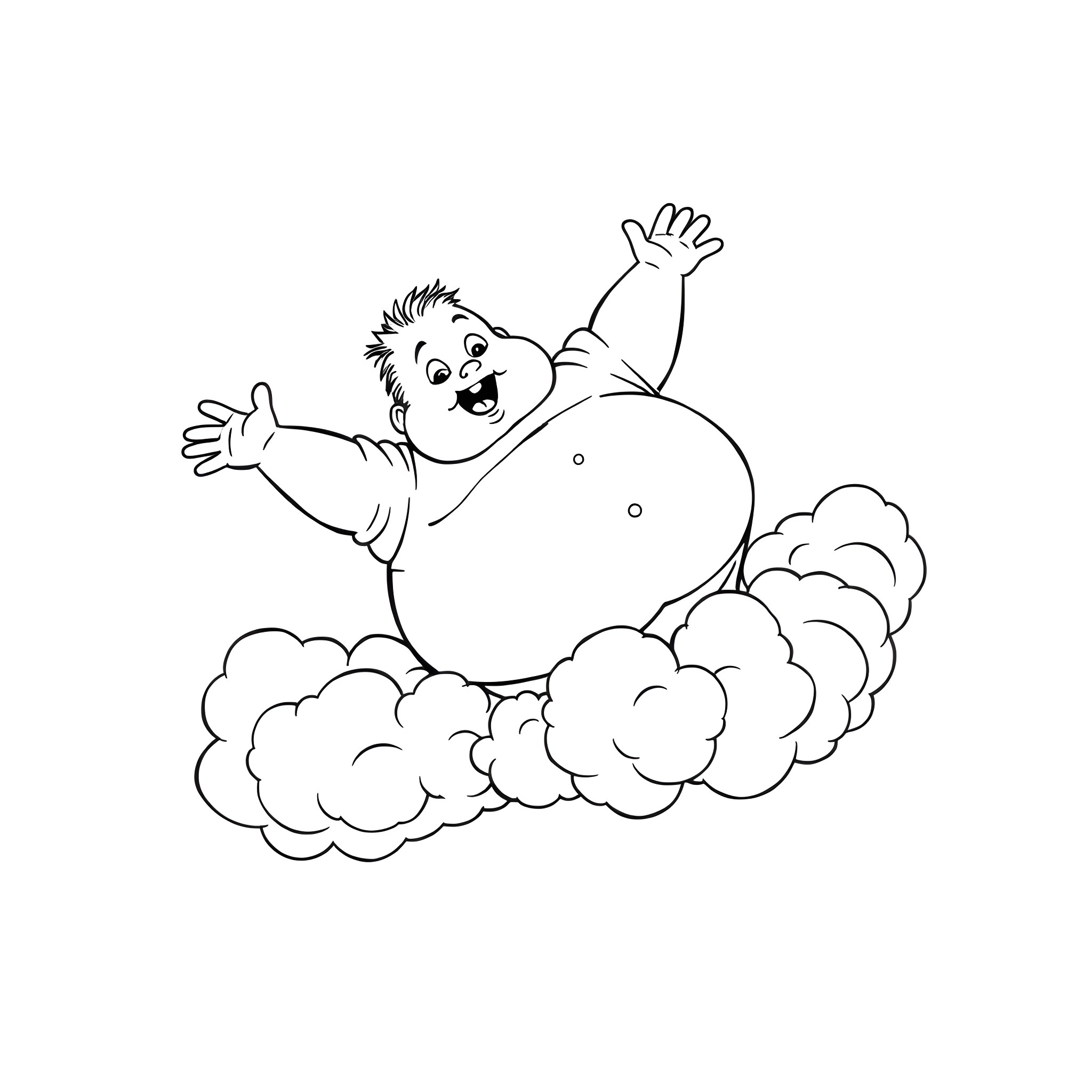 Guy jumping excitedly in clouds Coloring Page (free black-and-white line drawing printable PDF for all, from beginners to advanced learners, including children, teens, adults, and seniors)