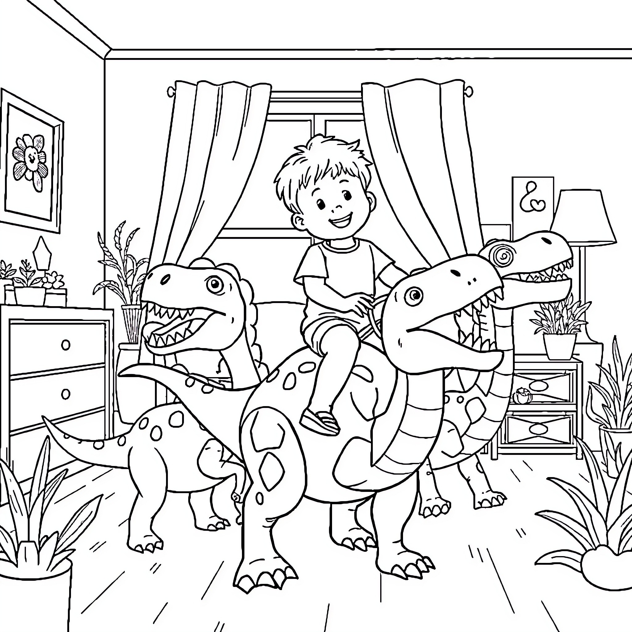 Dinosaur friends playing in the room Coloring Page (free black-and-white line drawing printable PDF for all, from beginners to advanced learners, including children, teens, adults, and seniors)